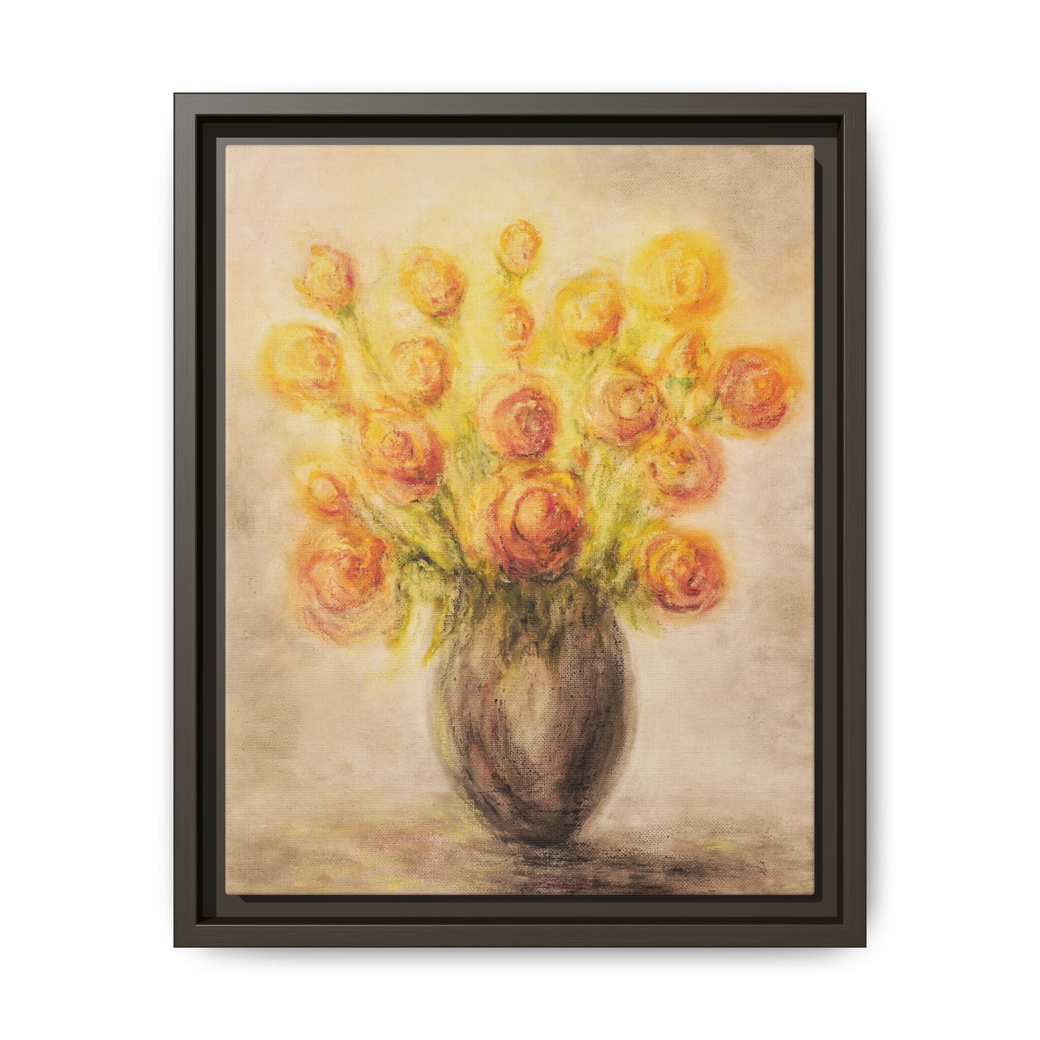 Framed Matte Canvas Floral Bouquet Wall Art — Yellow Rose Vase Print
