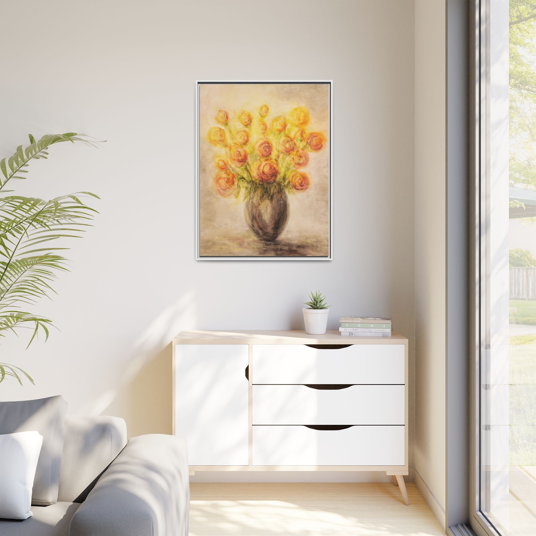 Framed Matte Canvas Floral Bouquet Wall Art — Yellow Rose Vase Print