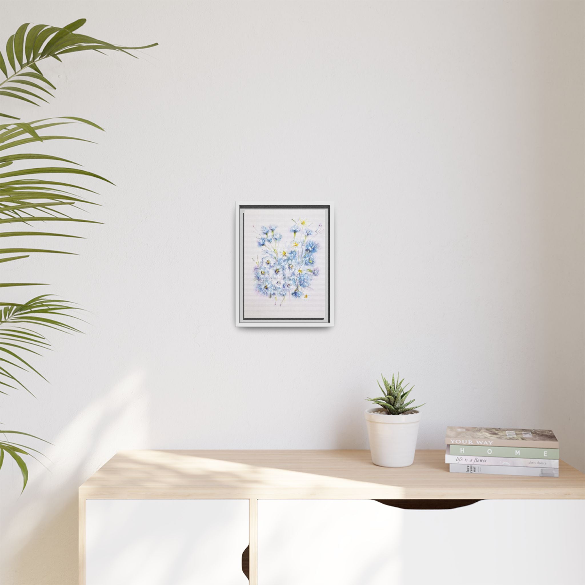 Blue Wildflower Watercolor Canvas Print — Framed Matte Wall Art