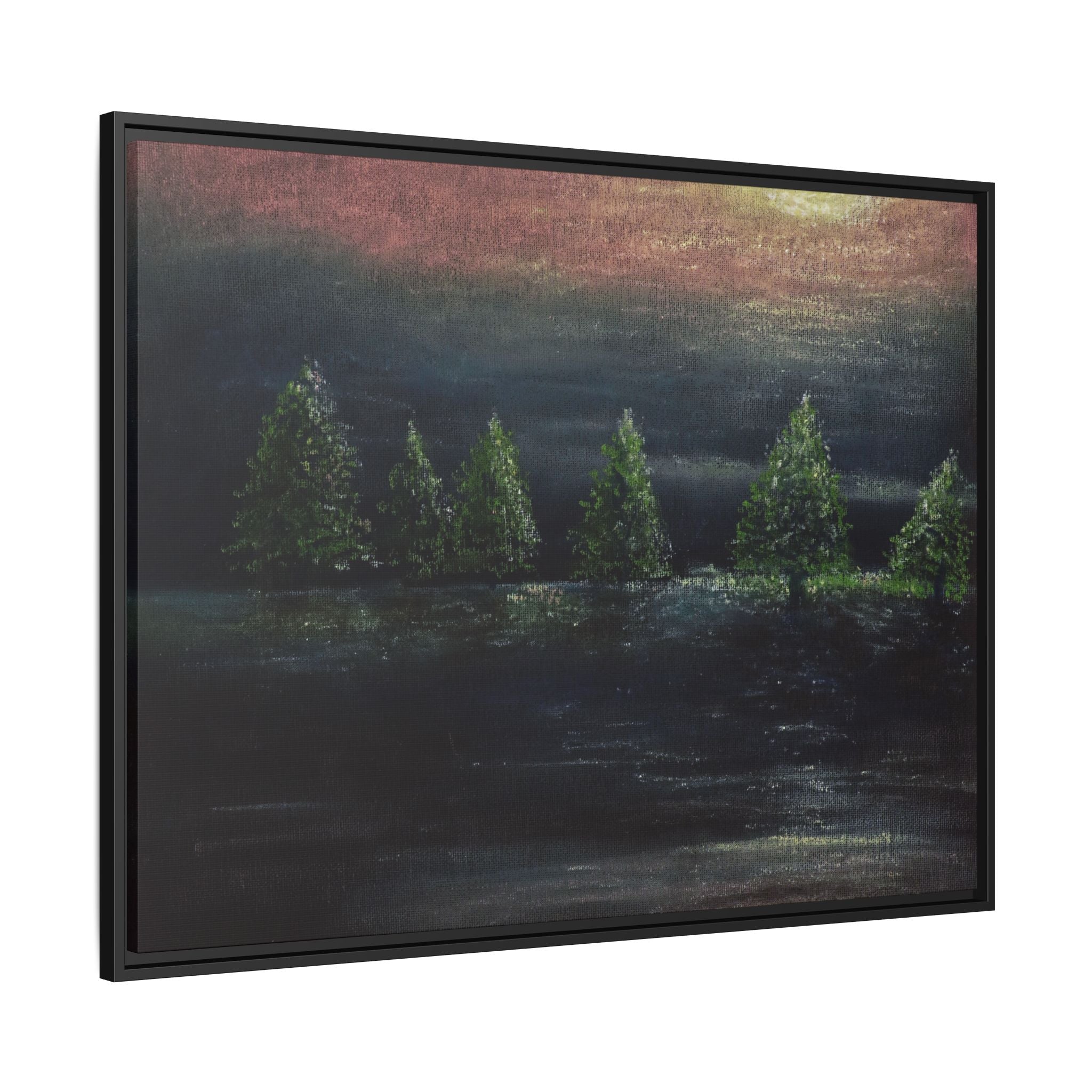 Framed Matte Canvas Wall Art — Moonlit Pine Trees Landscape