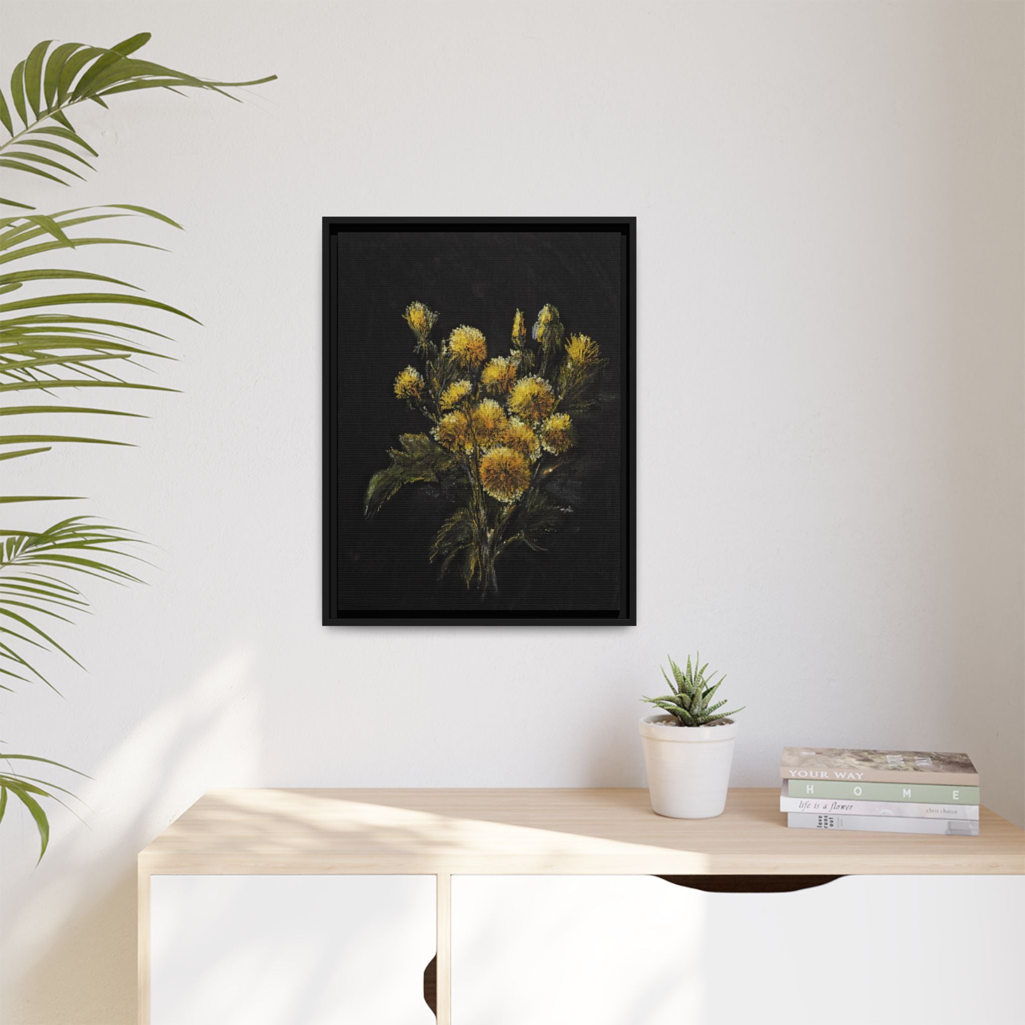 Framed Matte Canvas Print — Yellow Wildflower Bouquet on Black (Botanical Wall Art)