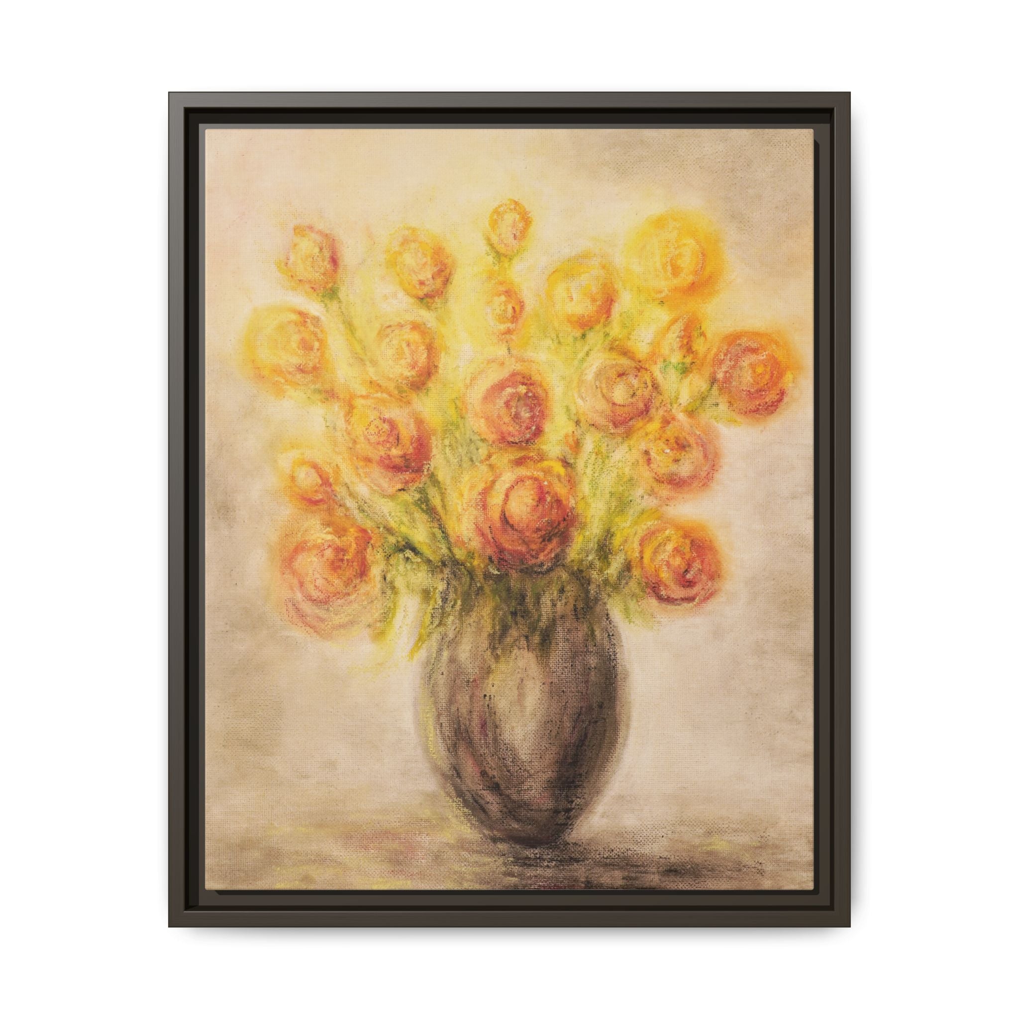 Framed Matte Canvas Floral Bouquet Wall Art — Yellow Rose Vase Print
