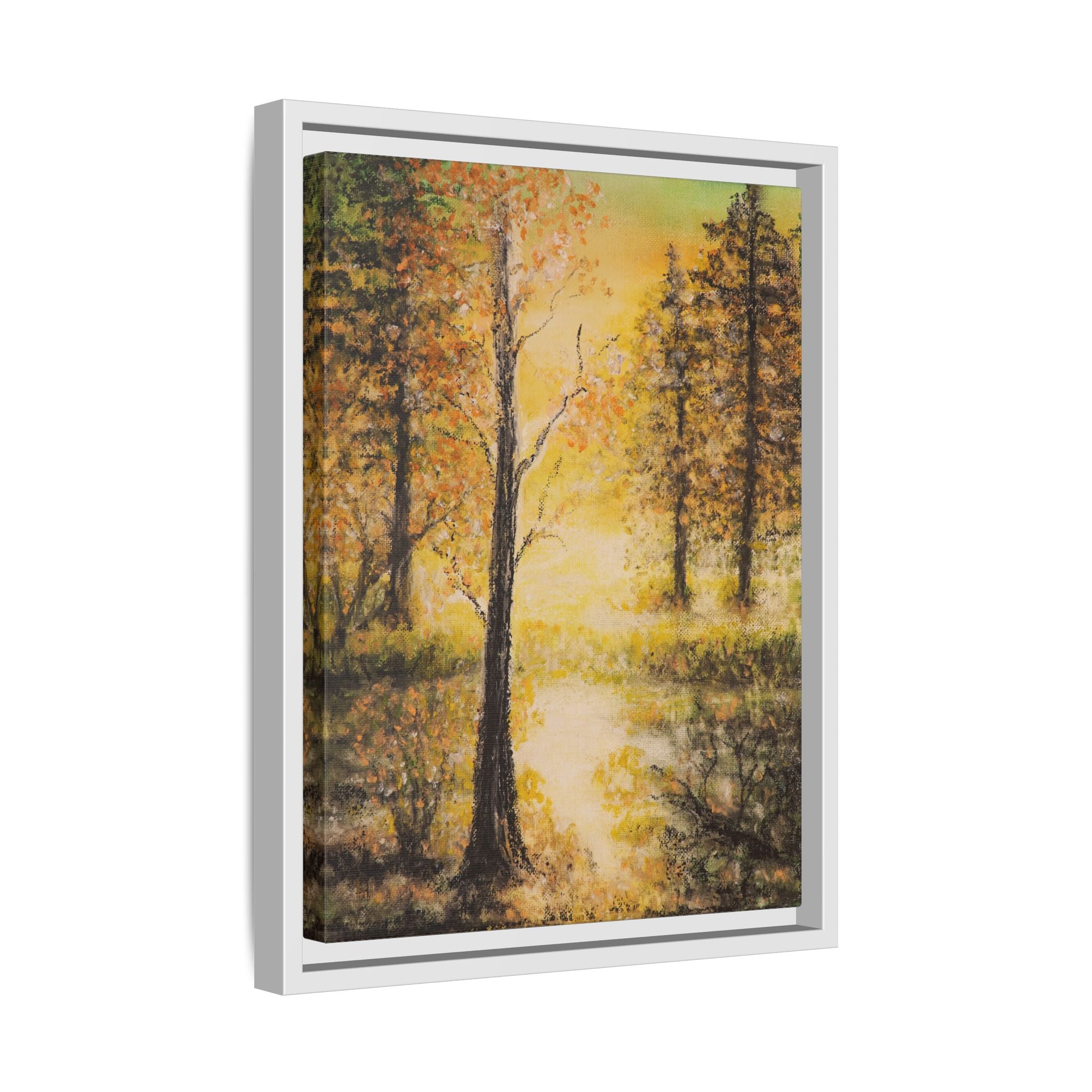 Framed Autumn Forest Canvas Print — Golden Lakeside Wall Art