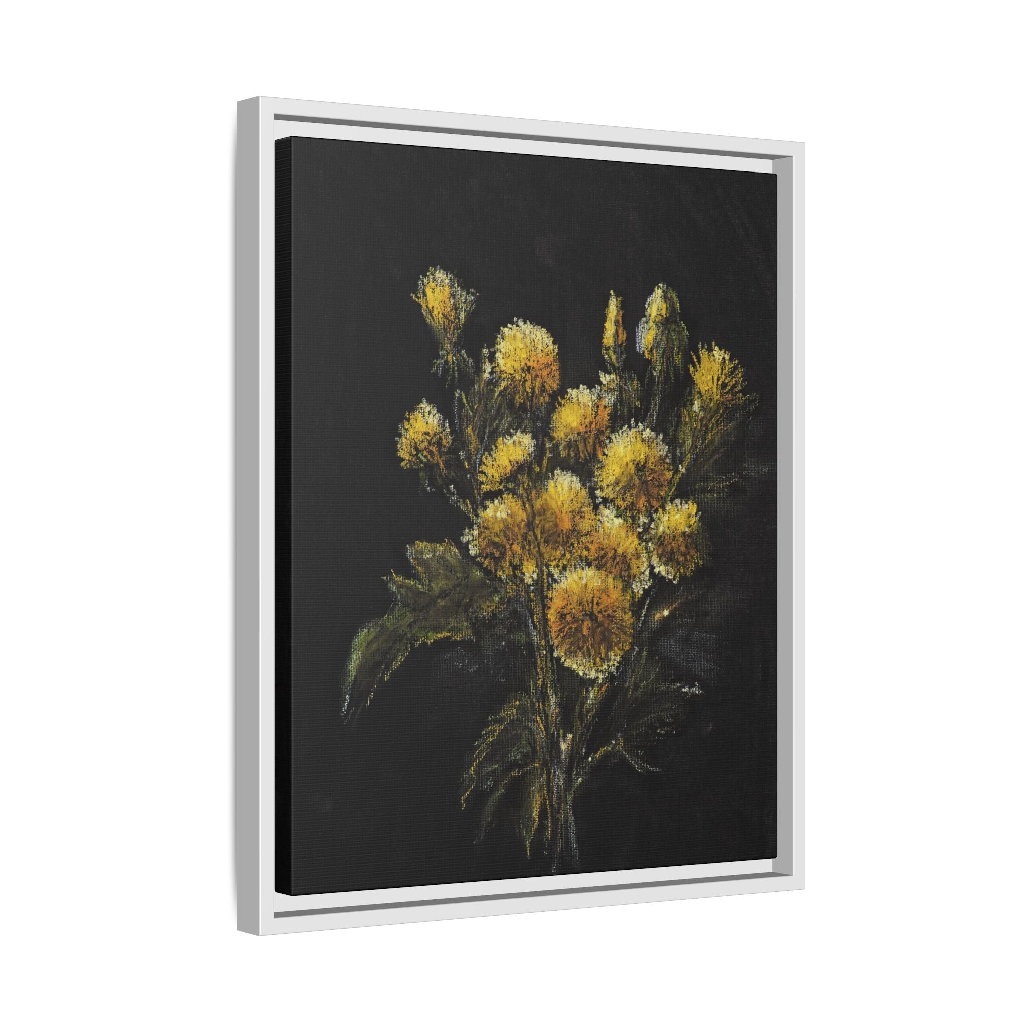 Framed Matte Canvas Print — Yellow Wildflower Bouquet on Black (Botanical Wall Art)