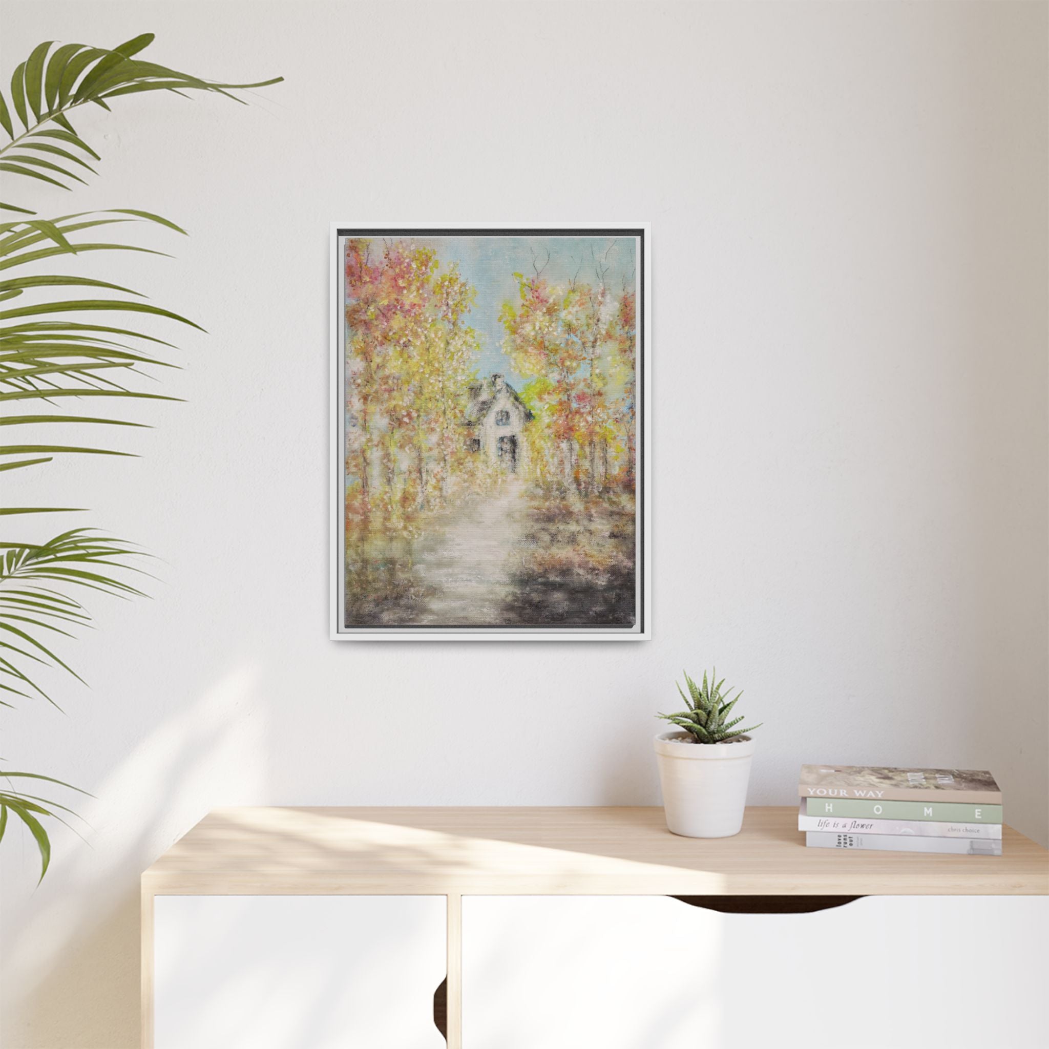 Framed Autumn Cottage Canvas Print — Rustic Fall Landscape Wall Art