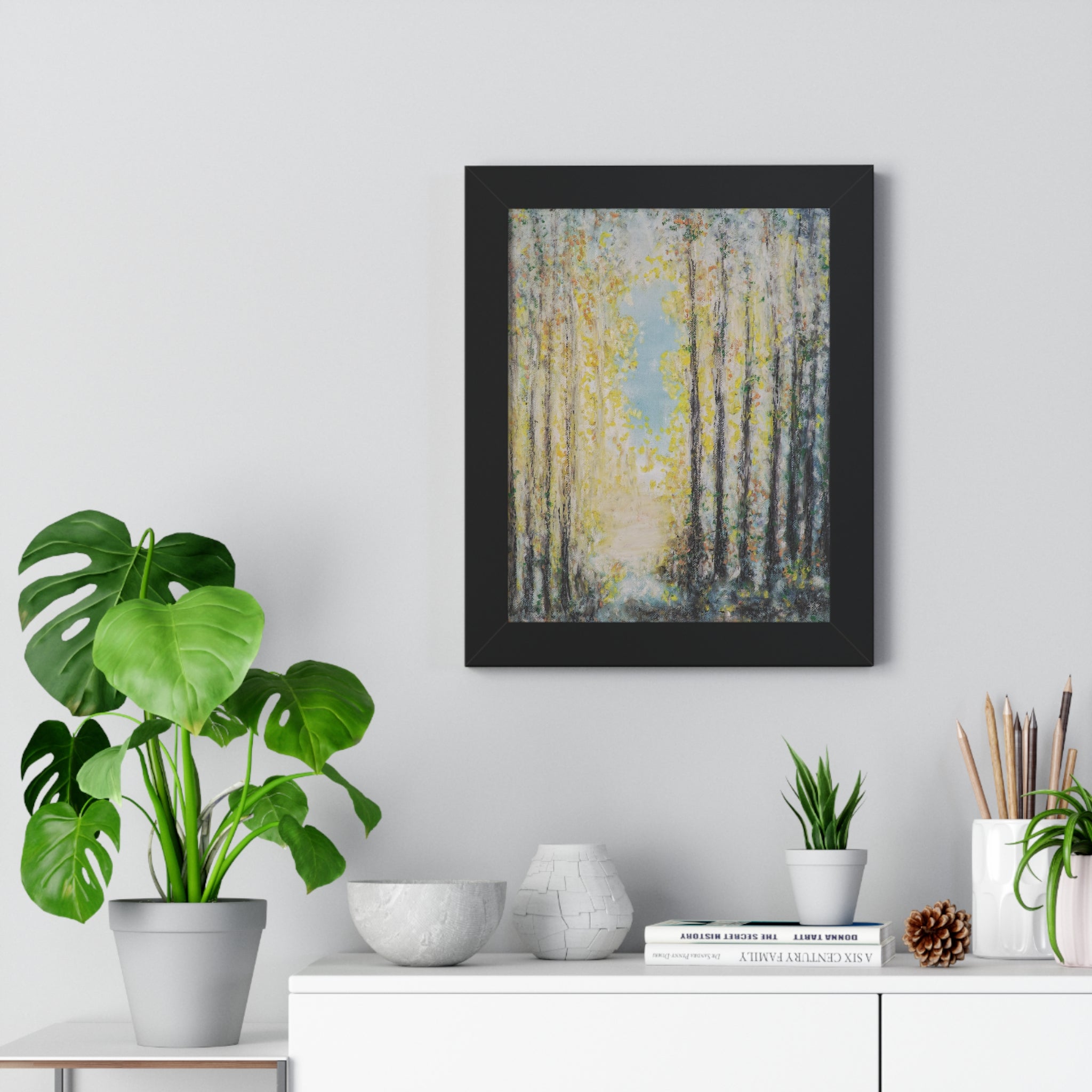 Framed Poster — Serene Sunlit Forest Vertical Art Print