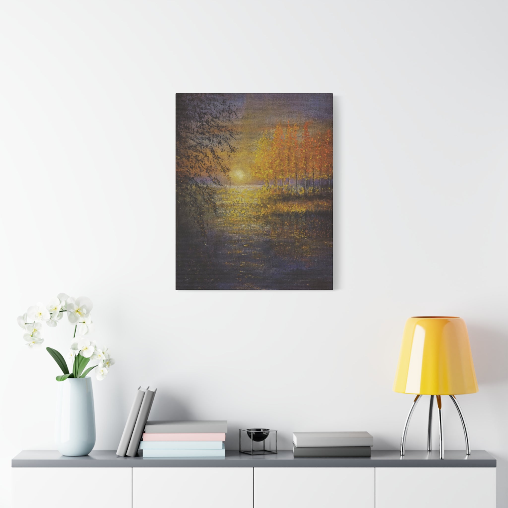 Autumn Sunset Canvas Wall Art — Golden Trees Over Tranquil Lake