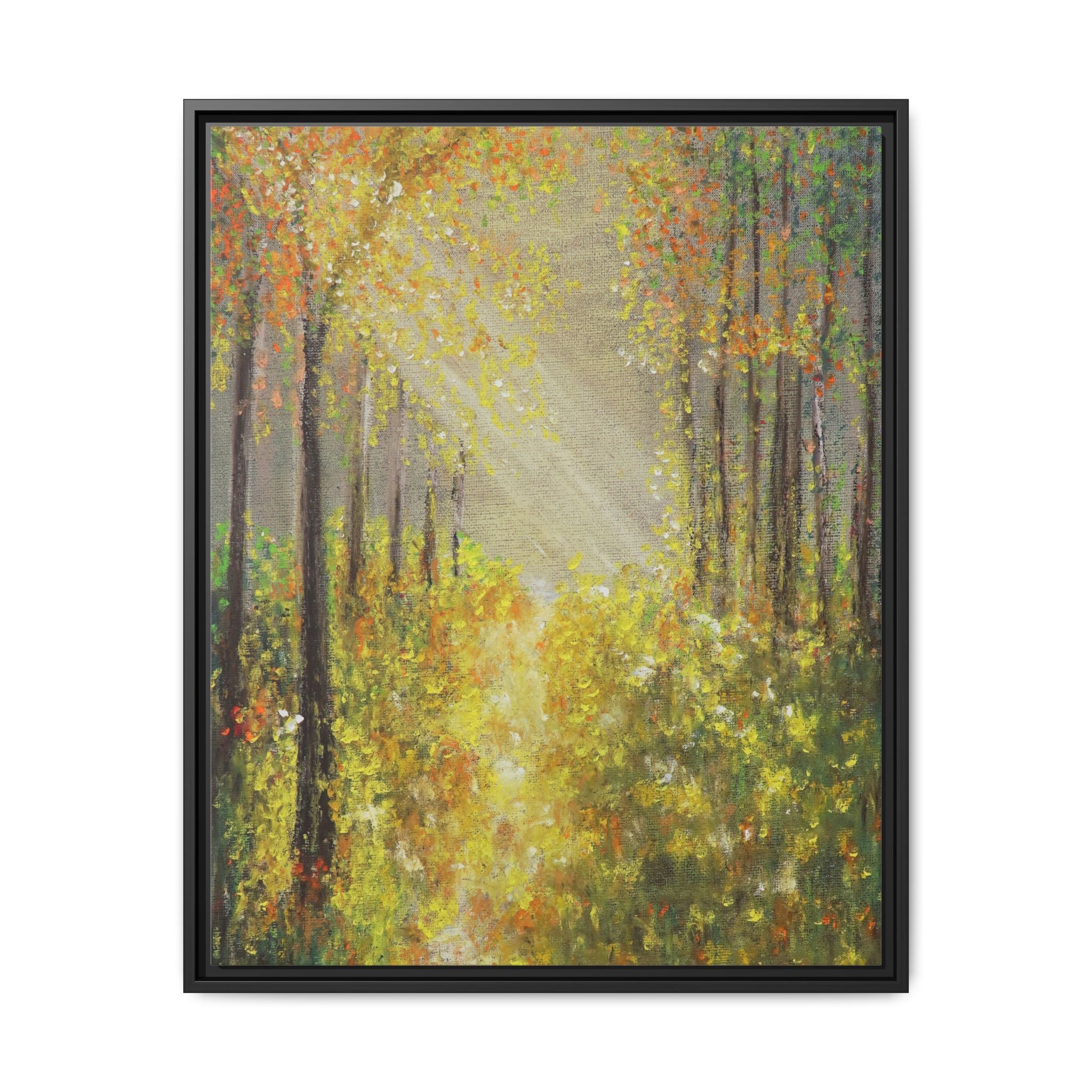 Sunlit Forest Path Framed Canvas Art — Autumn Woodland Wall Decor