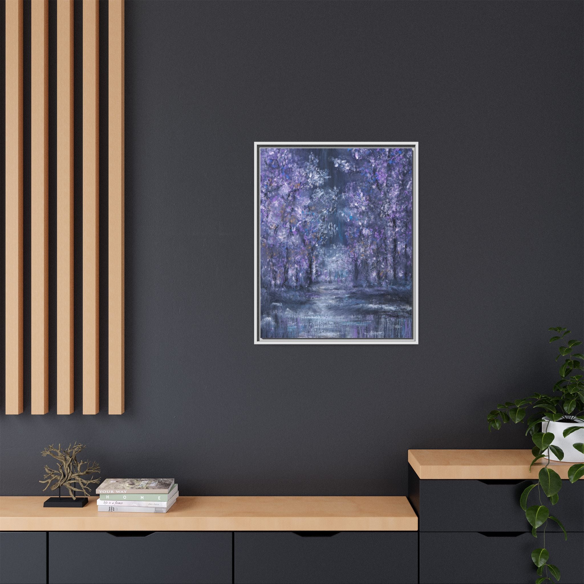 Framed Matte Canvas Art – Lavender Forest Moonlit Landscape