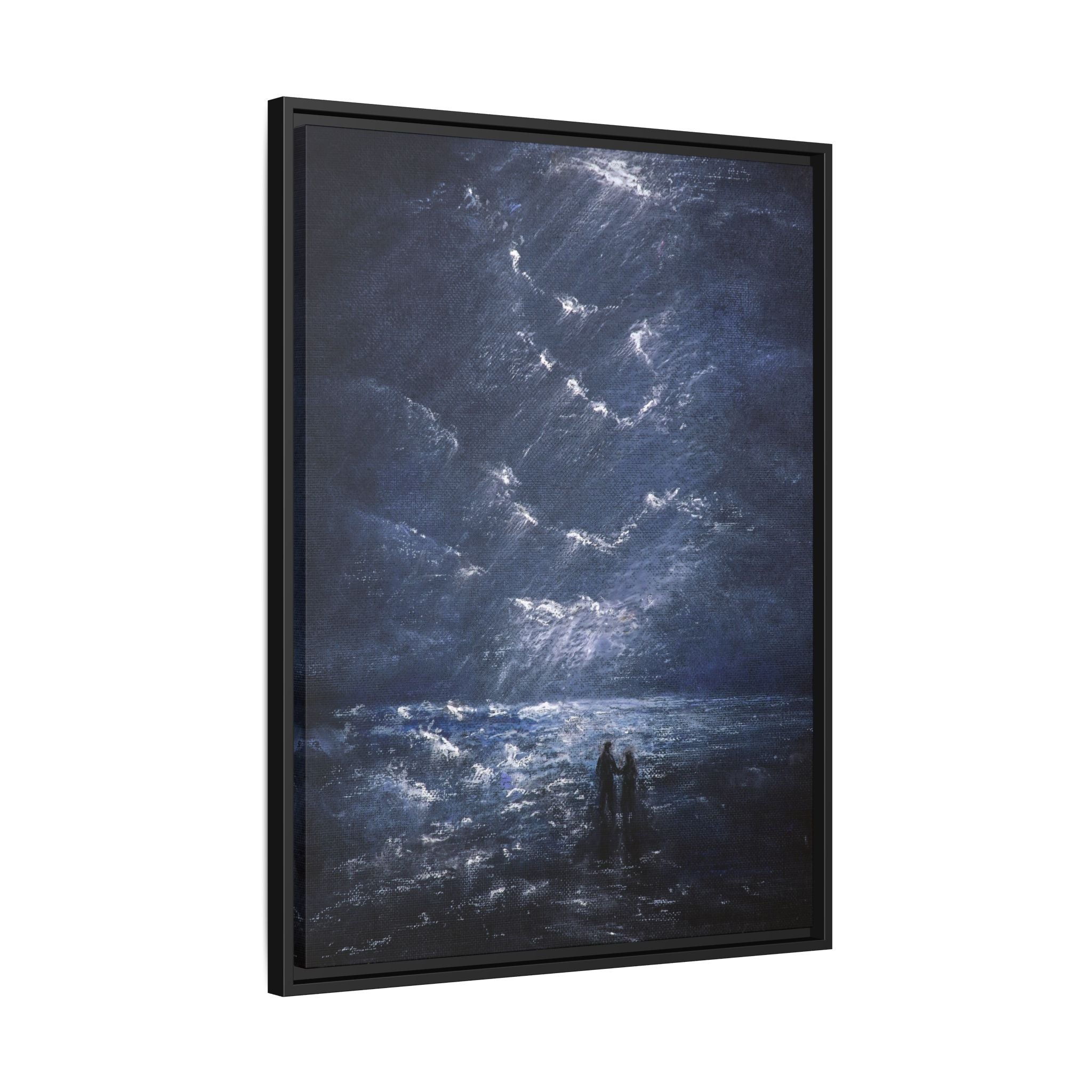 Couple on Shore at Night - Framed Canvas Art