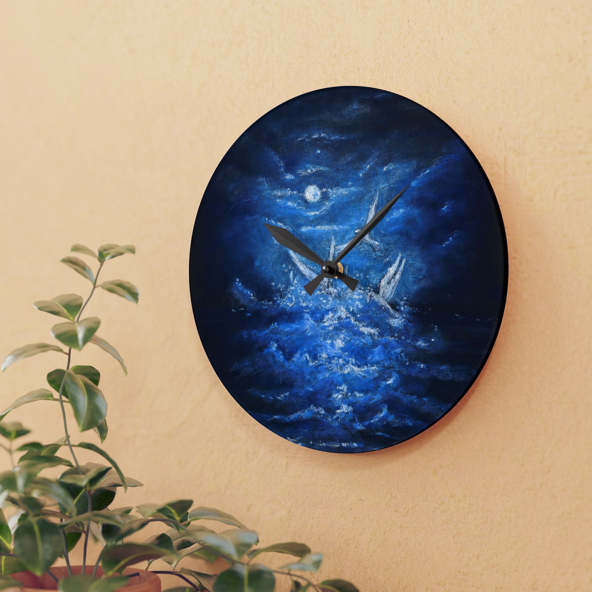 Acrylic Wall Clock — Midnight Ocean White Birds Night Sky Art