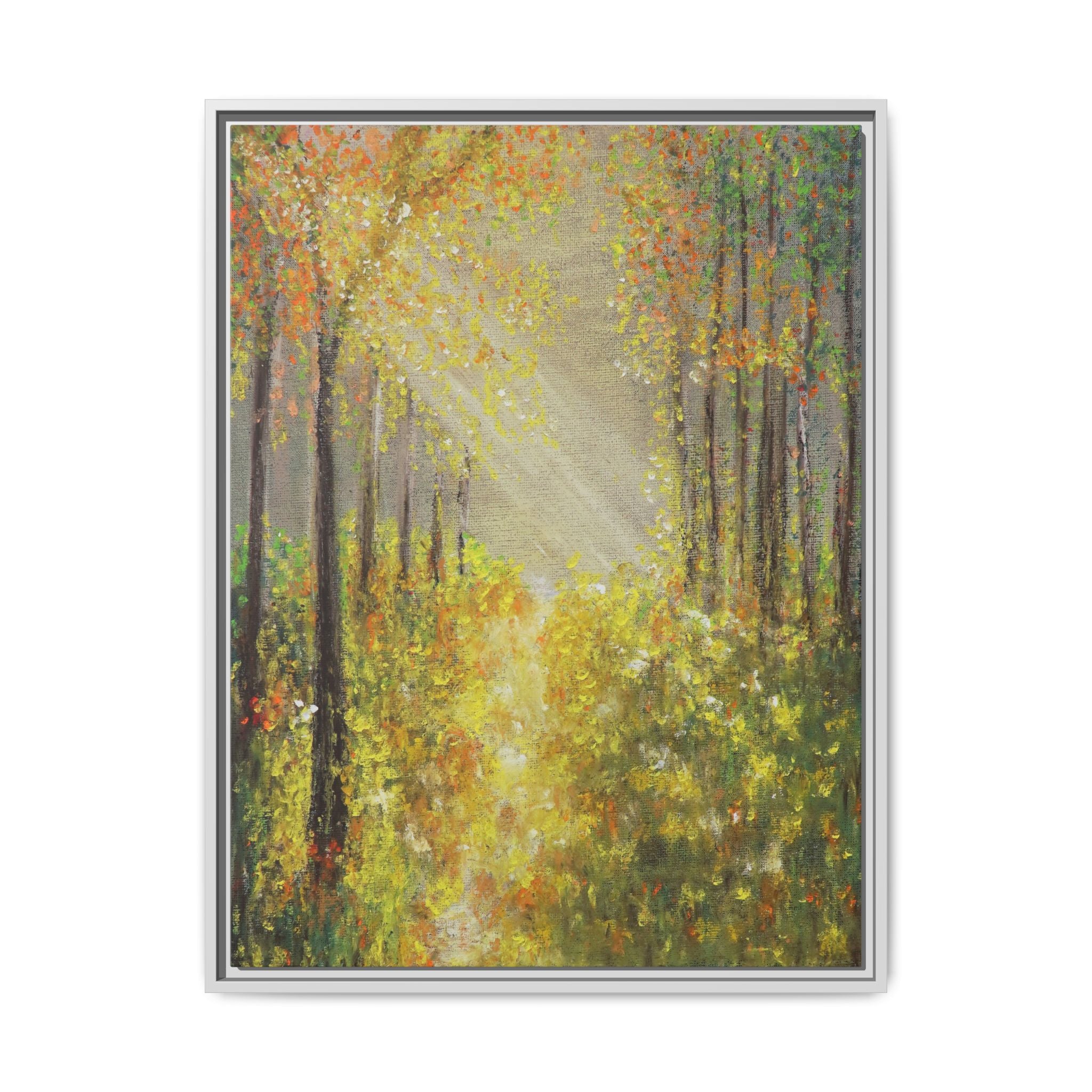 Sunlit Forest Path Framed Canvas Art — Autumn Woodland Wall Decor