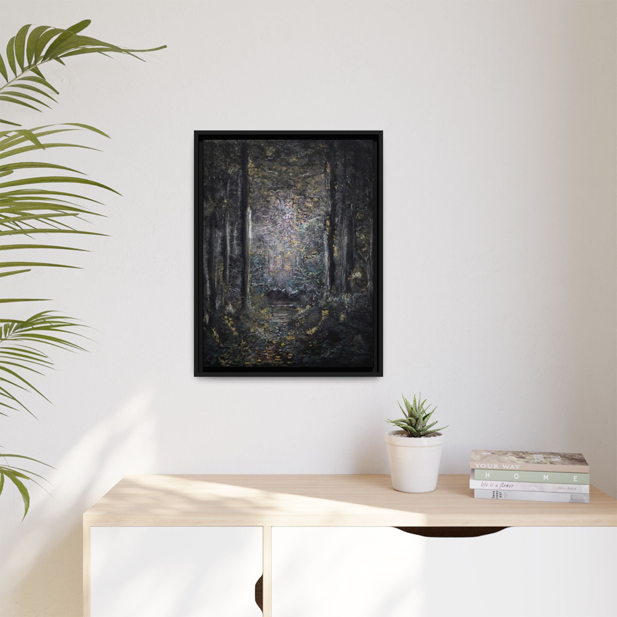 Framed Matte Canvas Forest Painting — Moody Woodland Wall Art