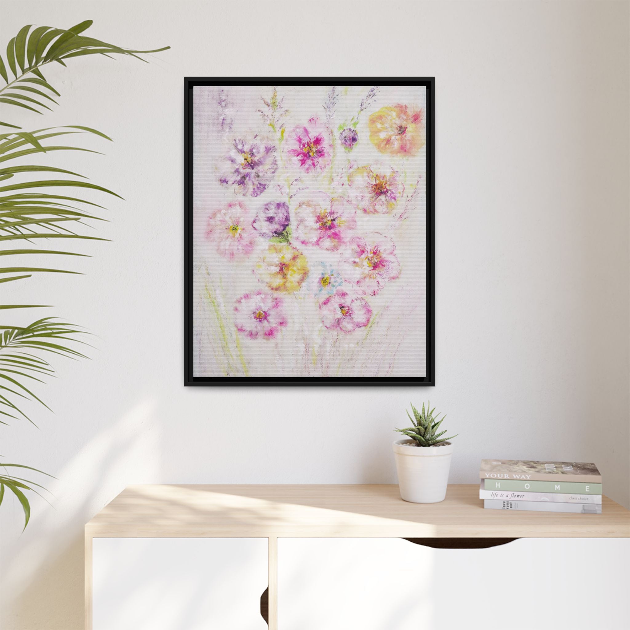 Framed Floral Canvas Print — Soft Pastel Bouquet Wall Art