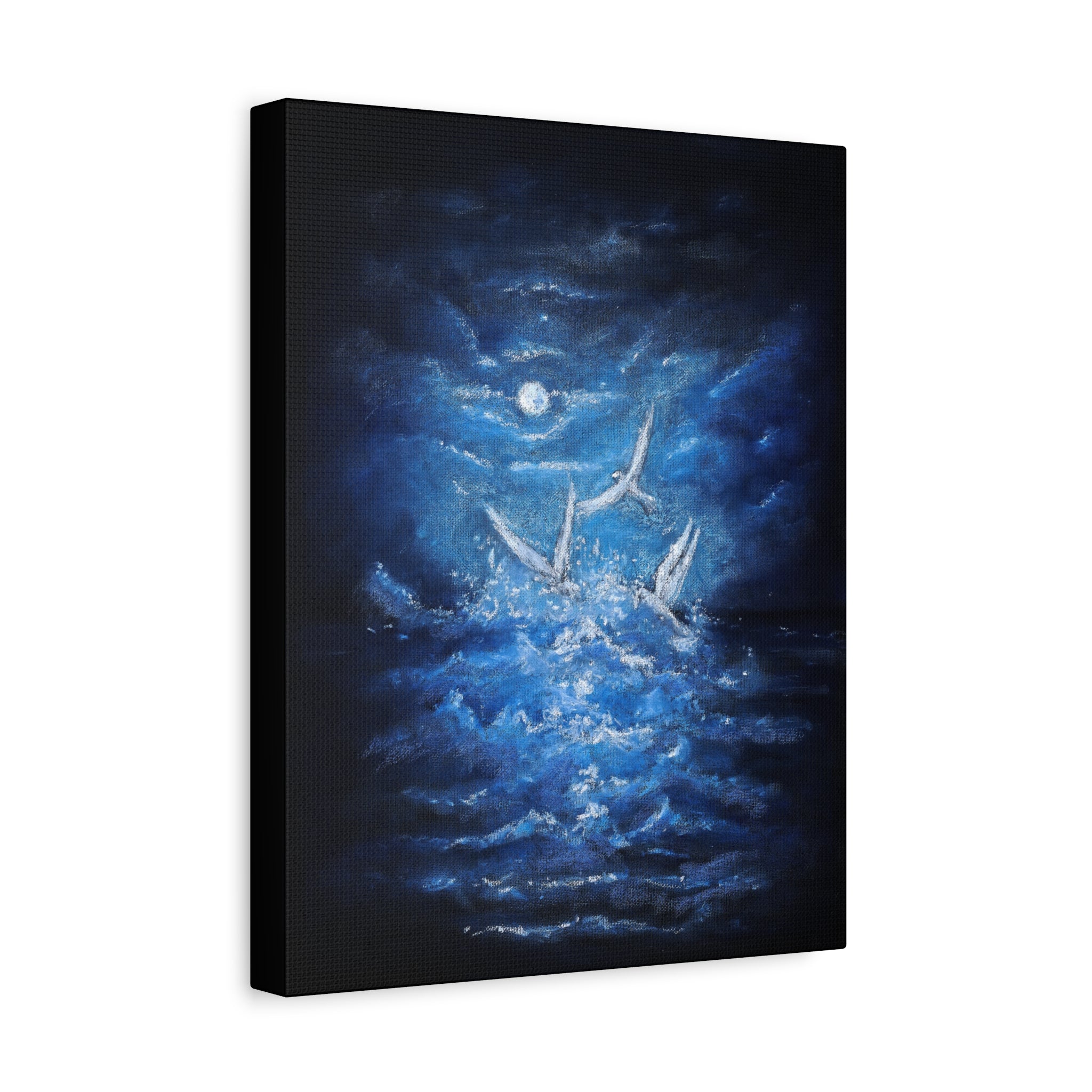 Canvas print of a painting with three white birds on a stormy sea under a moonlit sky.