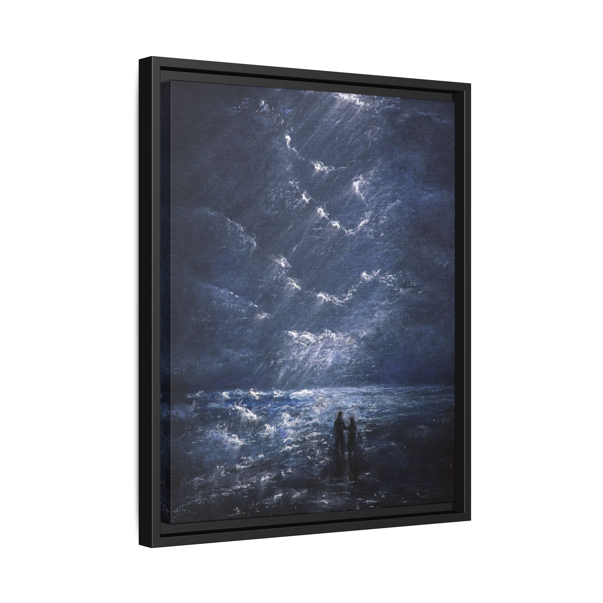 Couple on Shore at Night - Framed Canvas Art
