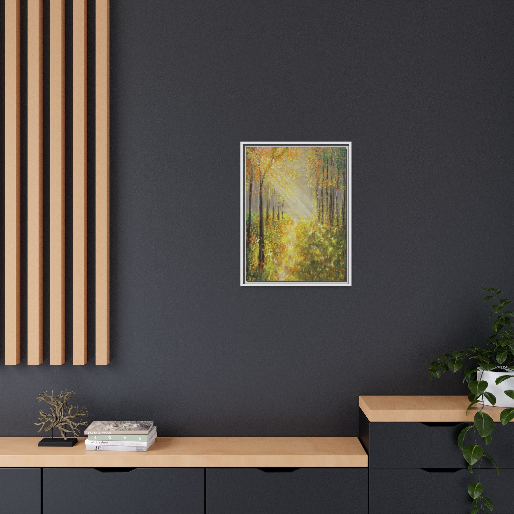 Sunlit Forest Path Framed Canvas Art — Autumn Woodland Wall Decor