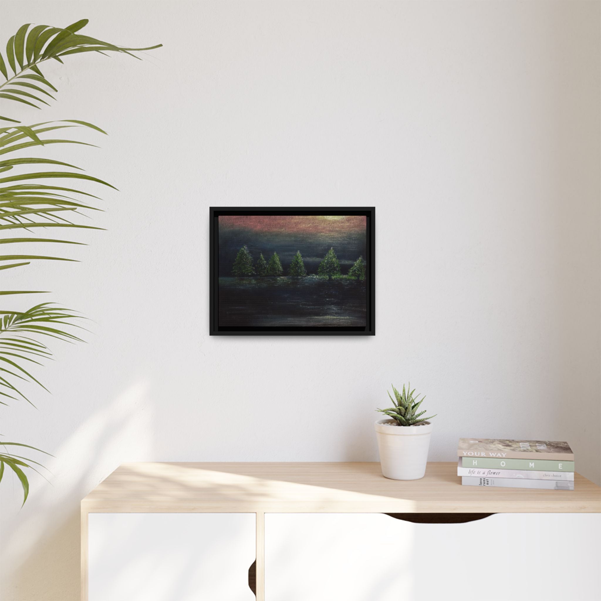 Framed Matte Canvas Wall Art — Moonlit Pine Trees Landscape