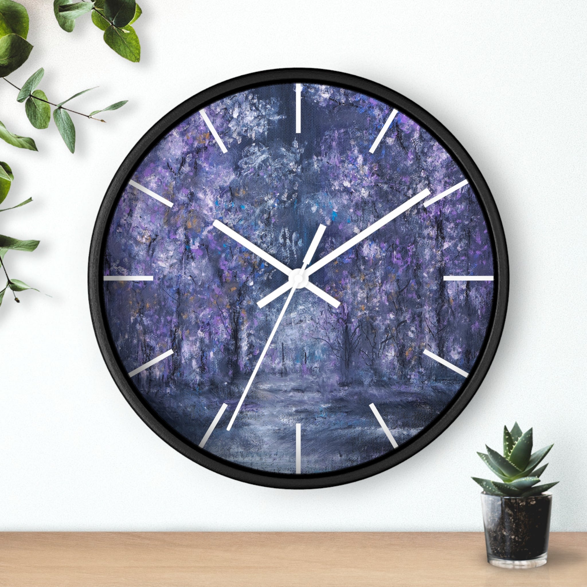 Purple Forest Wall Clock — Dreamy Lavender Tree Landscape Timepiece