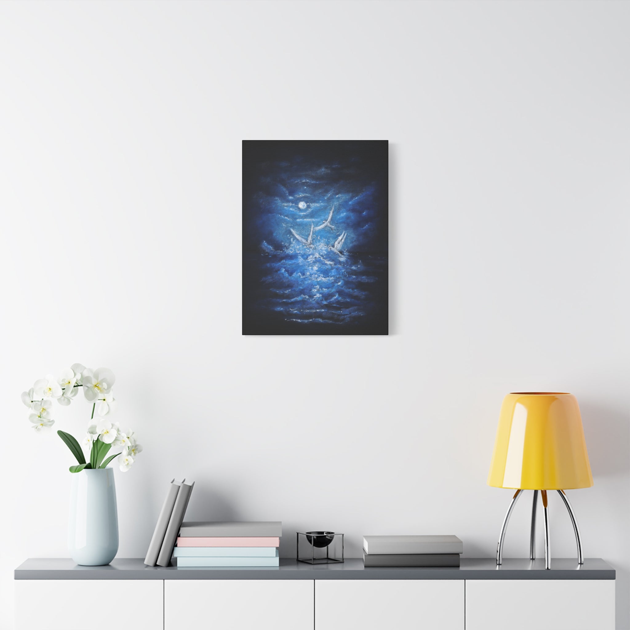 Moonlit White Birds Matte Stretched Canvas – Serene Ocean Wall Art