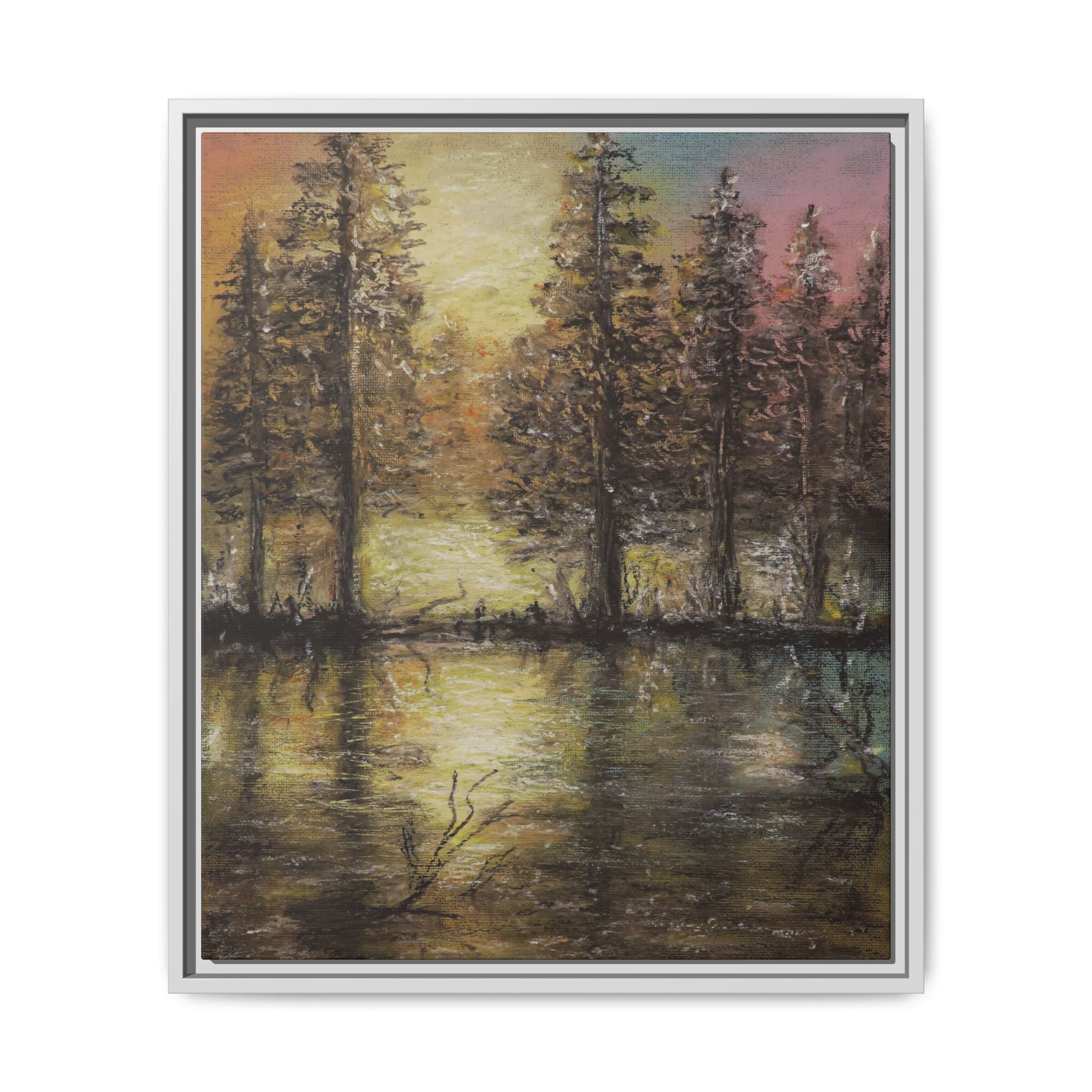 Framed Matte Canvas Wall Art — Sunset Forest Reflection