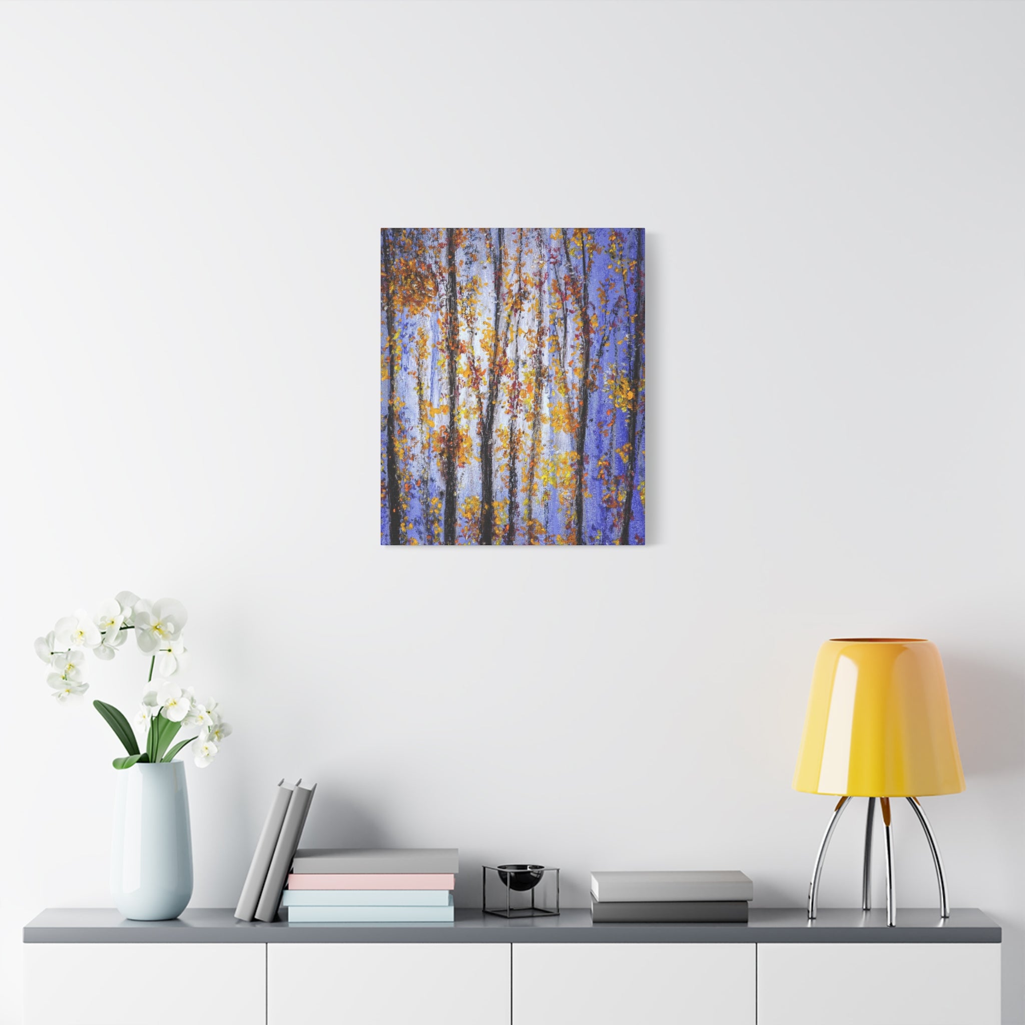 Autumn Aspens Matte Stretched Canvas – Purple & Gold Forest Wall Art (1.25")