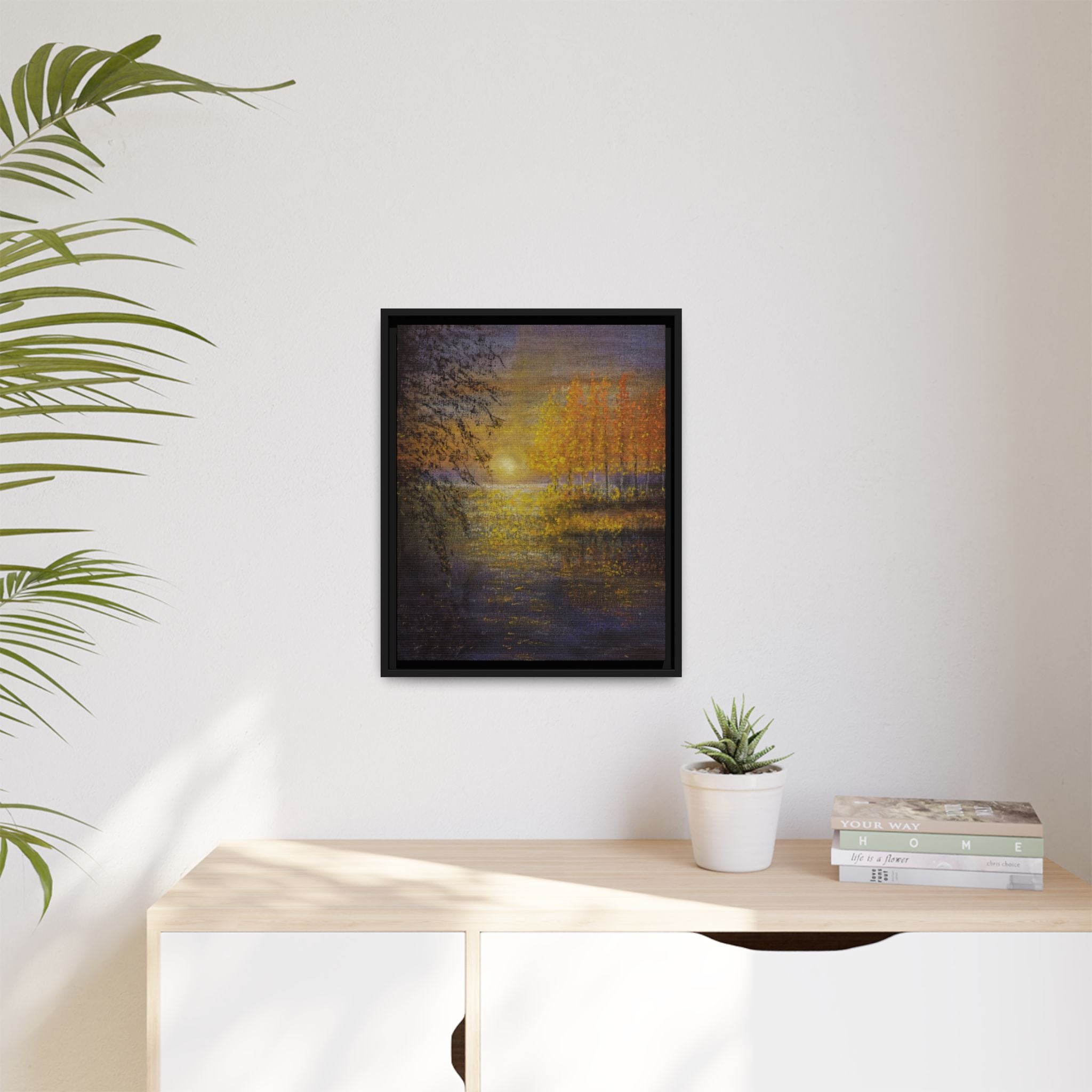Framed Matte Canvas Painting - Golden Trees Over Tranquil Lake