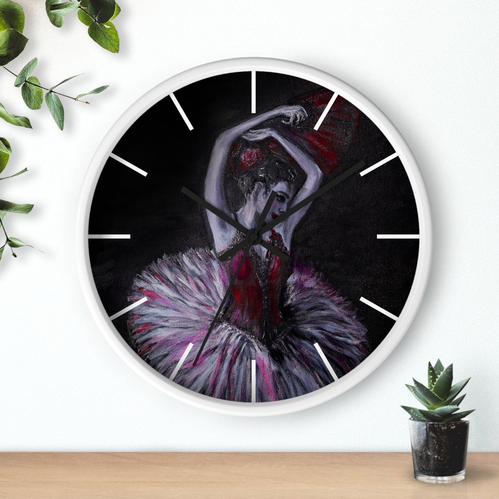 Ballet Dancer Wall Clock — Dramatic Red & Black Ballerina Art Timepiece