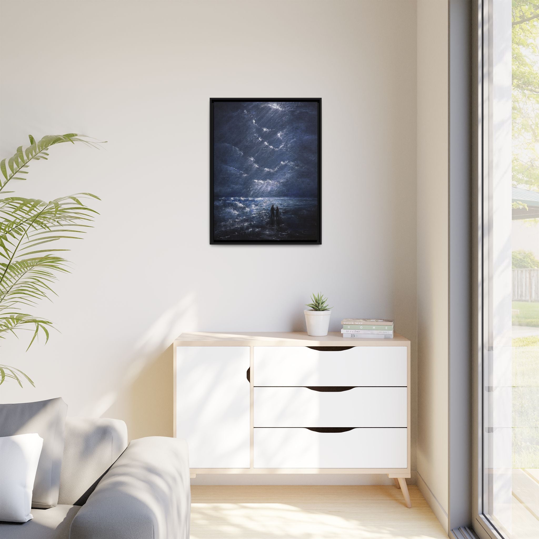 Couple on Shore at Night - Framed Canvas Art