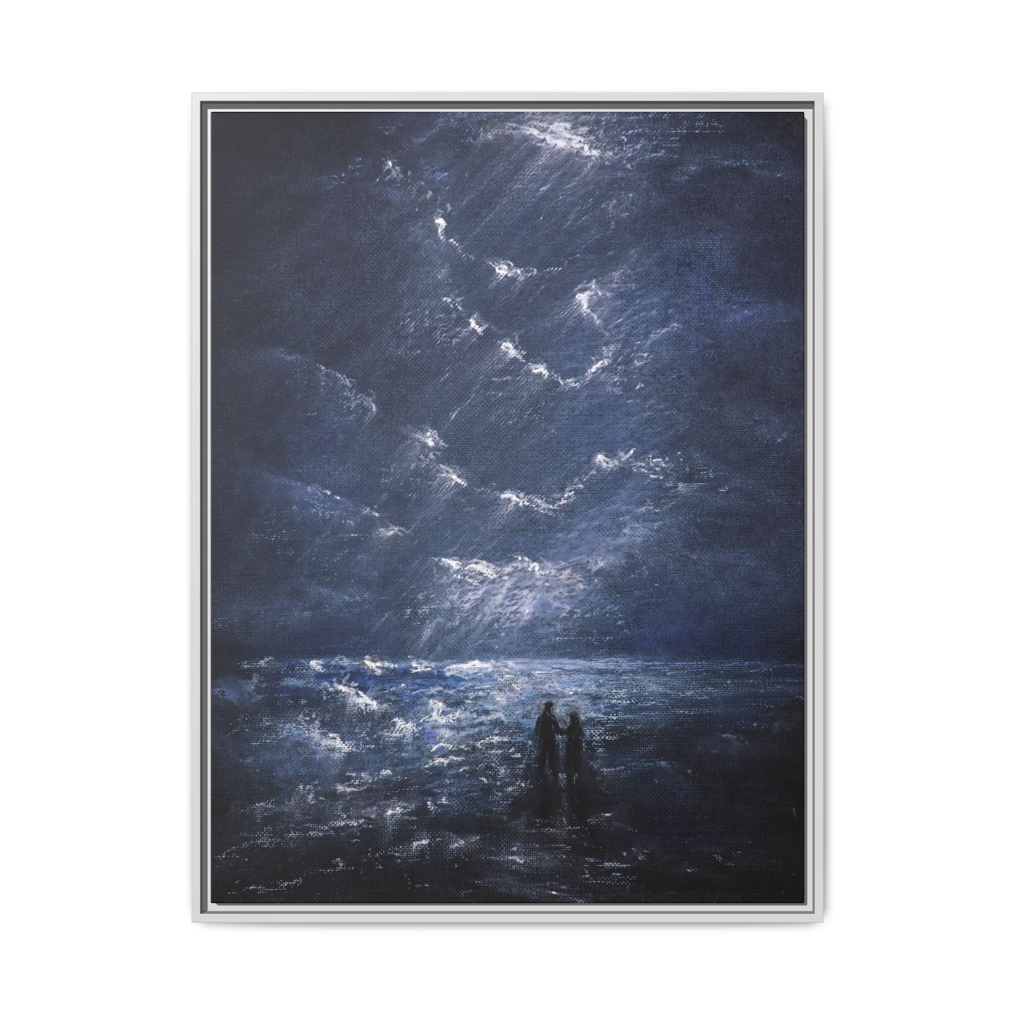 Couple on Shore at Night - Framed Canvas Art