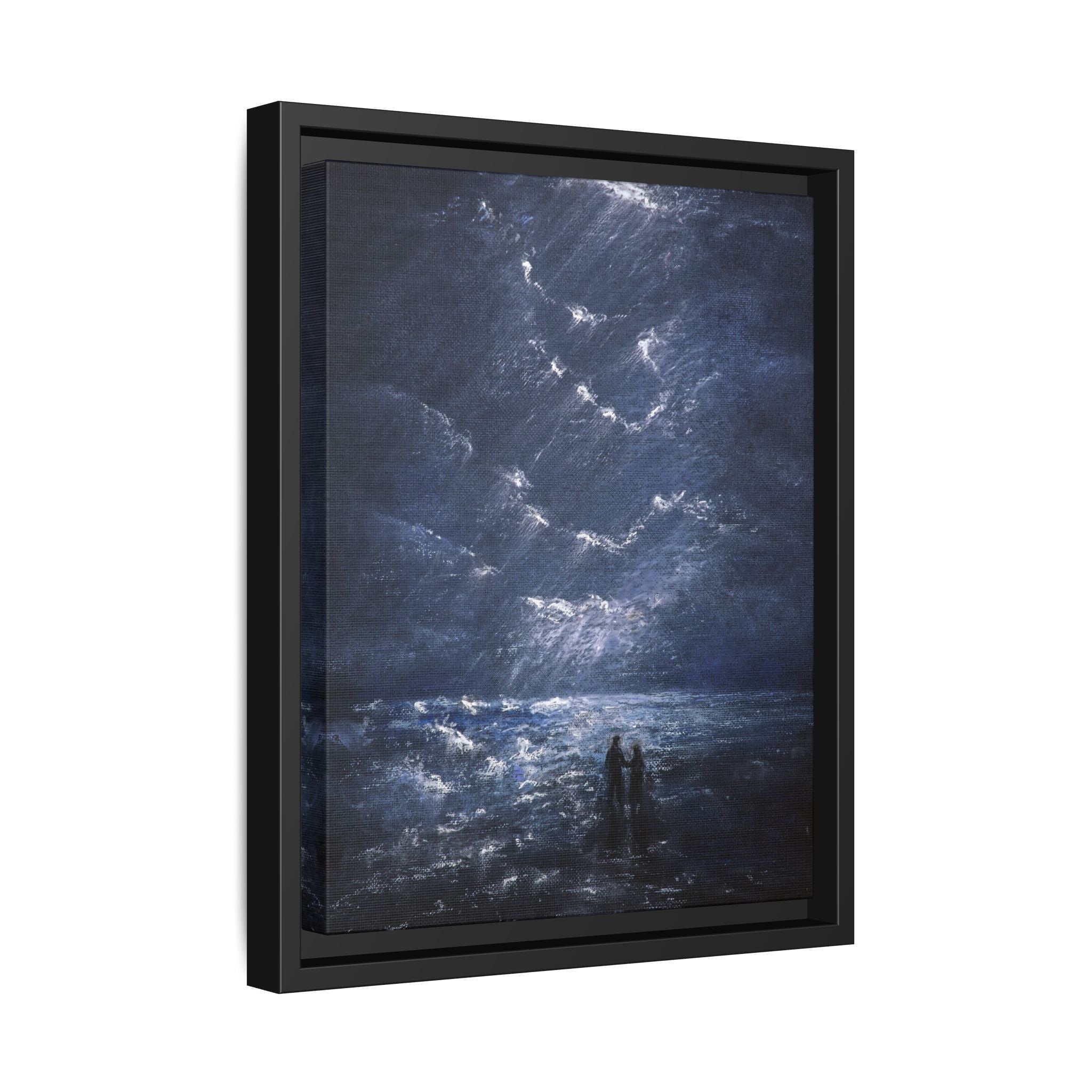 Couple on Shore at Night - Framed Canvas Art