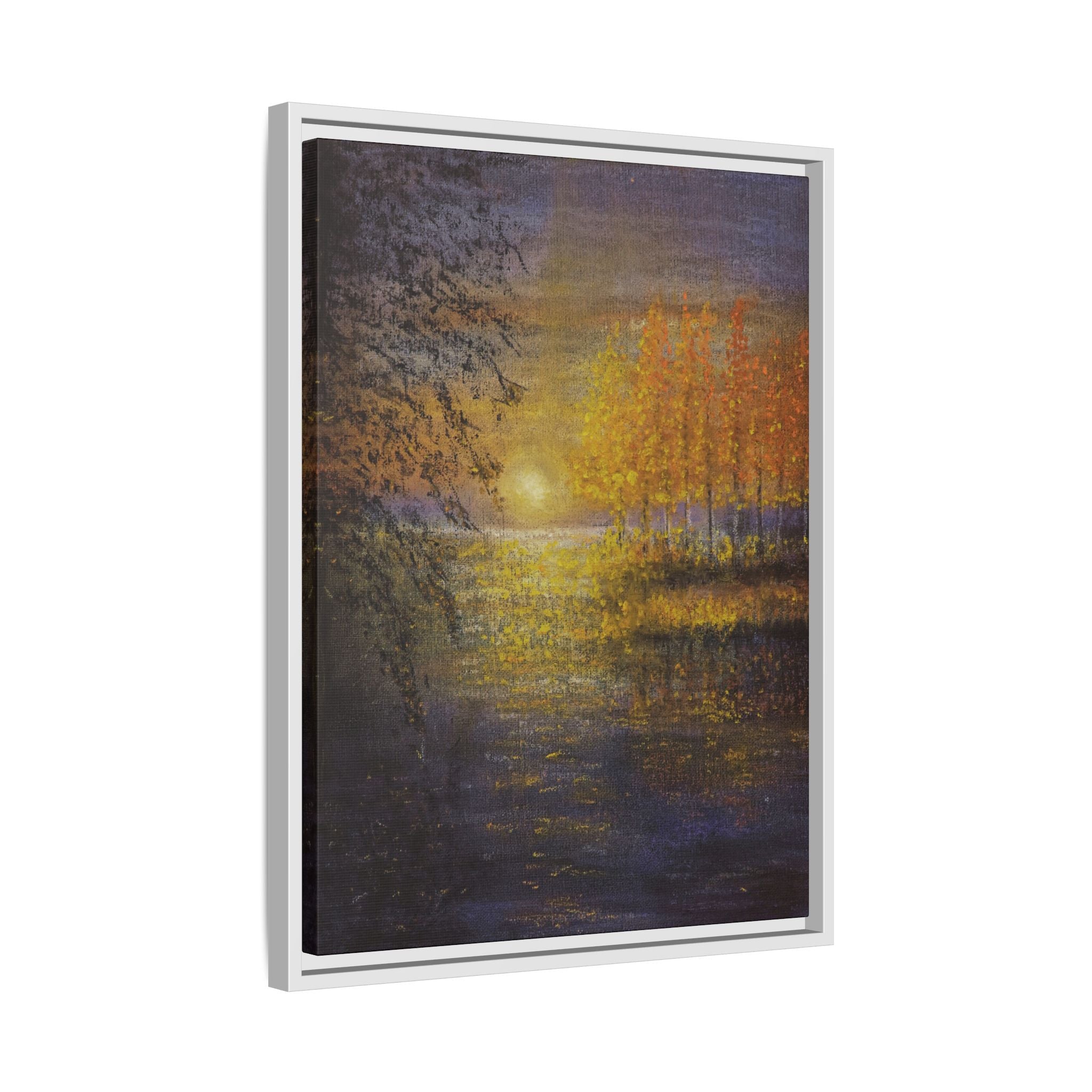 Framed Matte Canvas Painting - Golden Trees Over Tranquil Lake