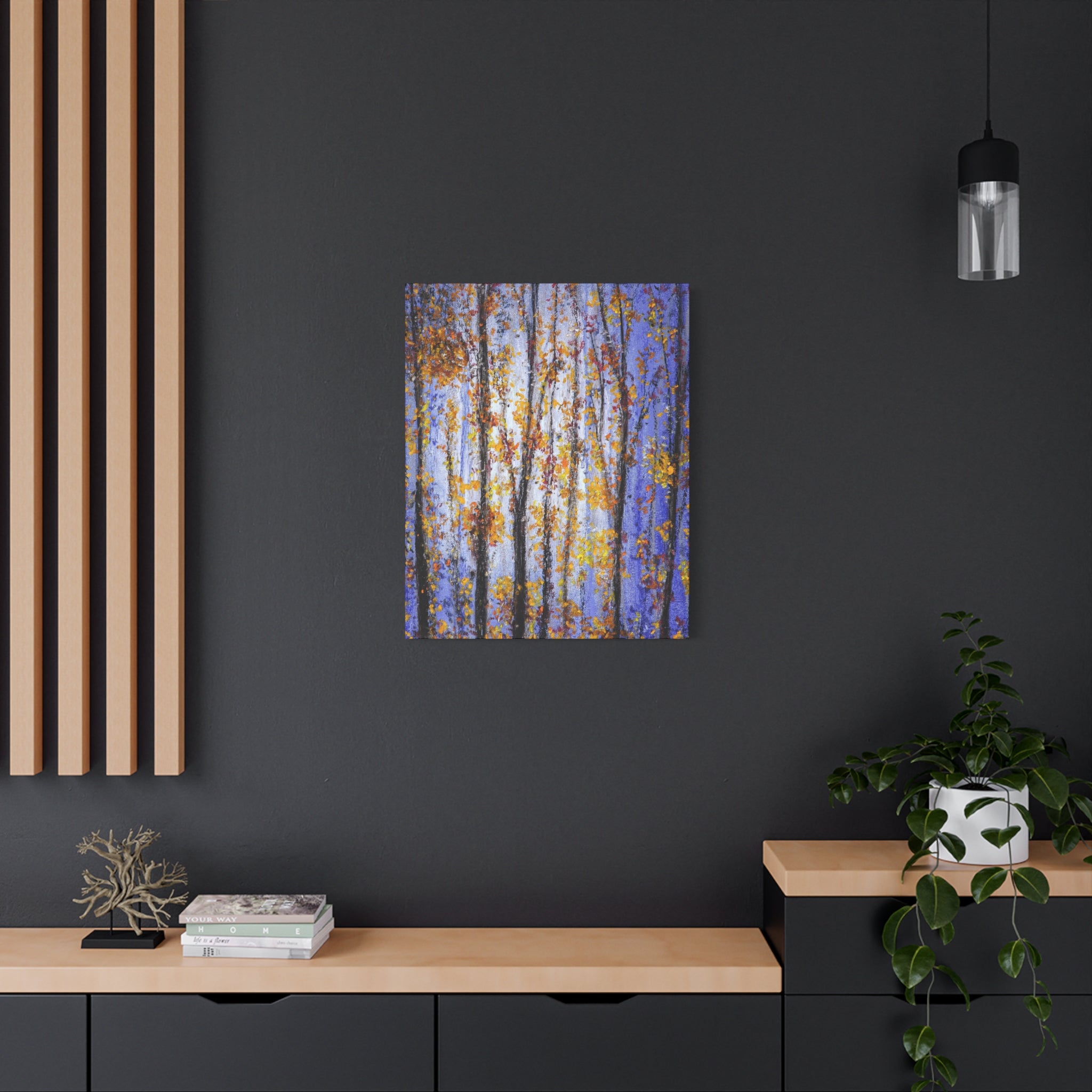 Autumn Aspens Matte Stretched Canvas – Purple & Gold Forest Wall Art (1.25")