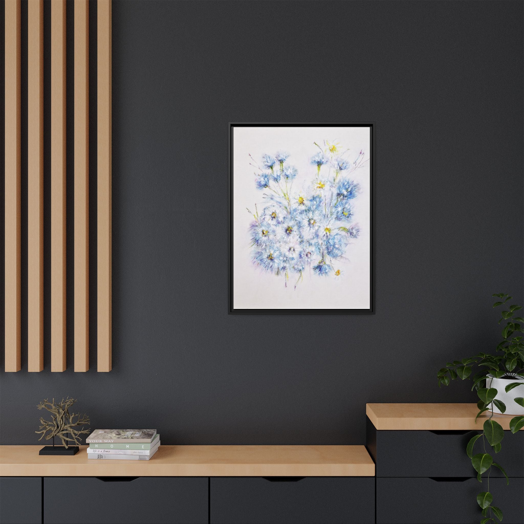 Blue Wildflower Watercolor Canvas Print — Framed Matte Wall Art