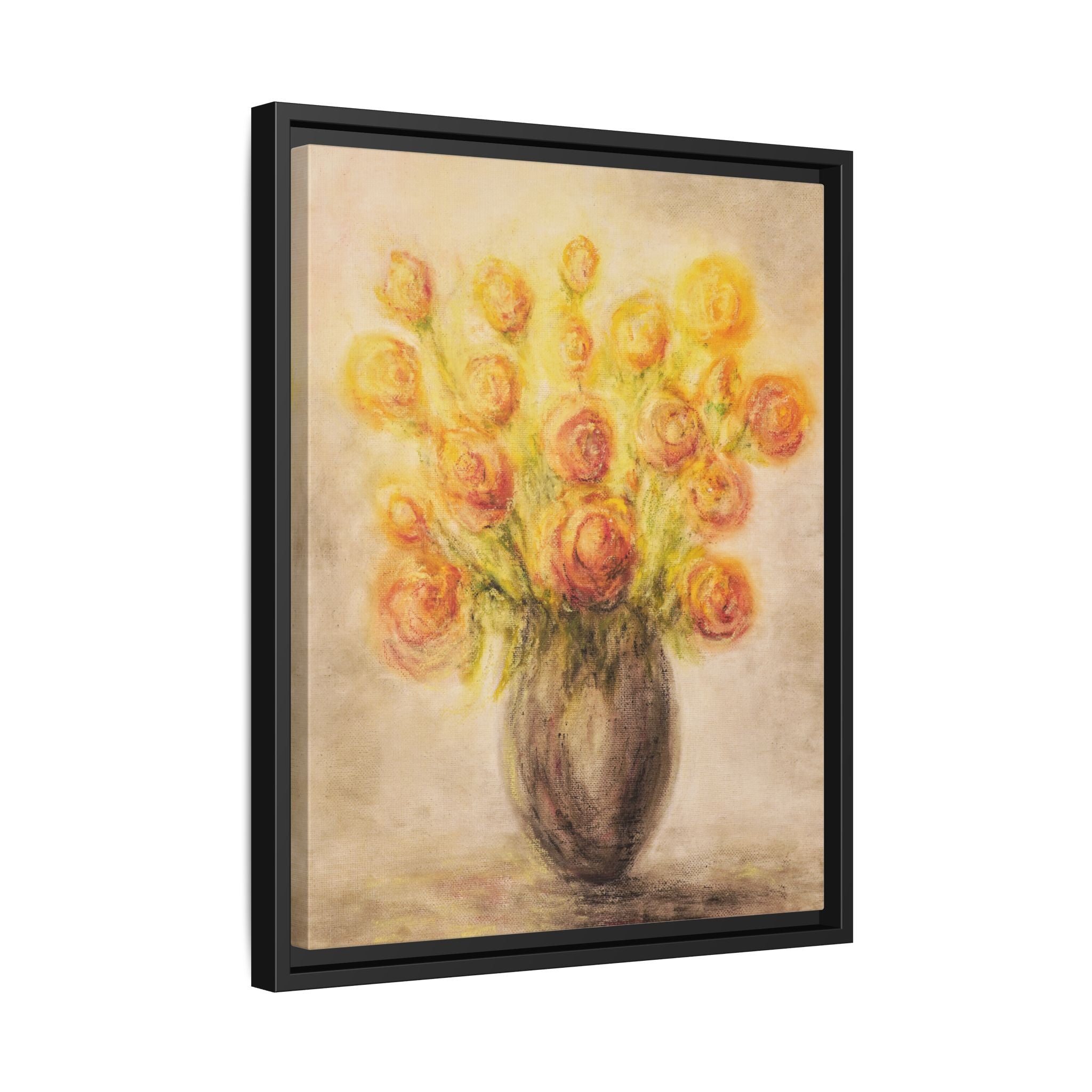 Framed Matte Canvas Floral Bouquet Wall Art — Yellow Rose Vase Print