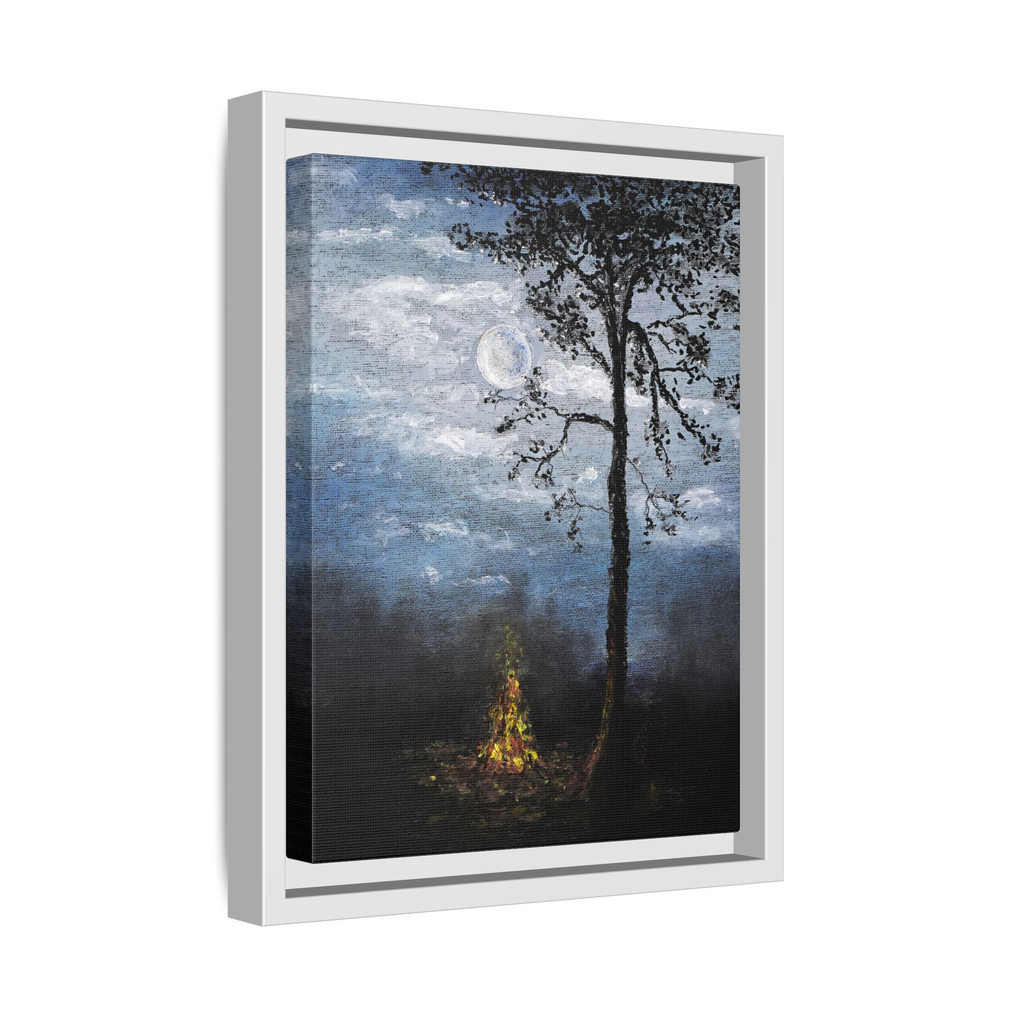Framed Matte Canvas Print — Moonlit Campfire Landscape