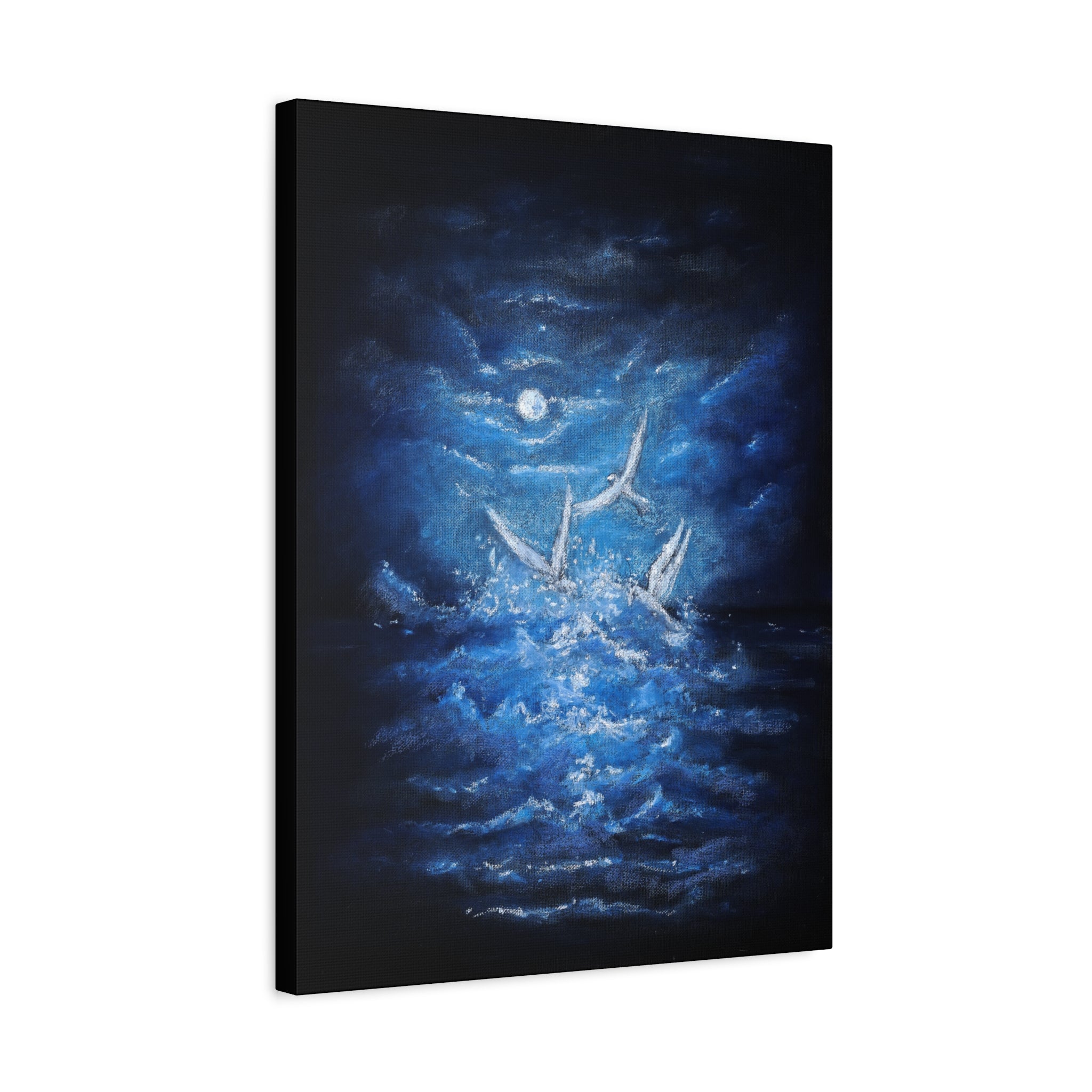Moonlit White Birds Matte Stretched Canvas – Serene Ocean Wall Art
