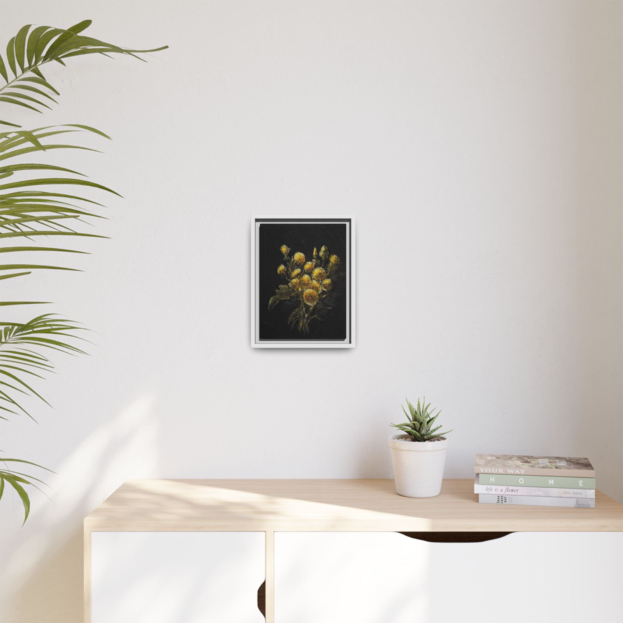 Framed Matte Canvas Print — Yellow Wildflower Bouquet on Black (Botanical Wall Art)