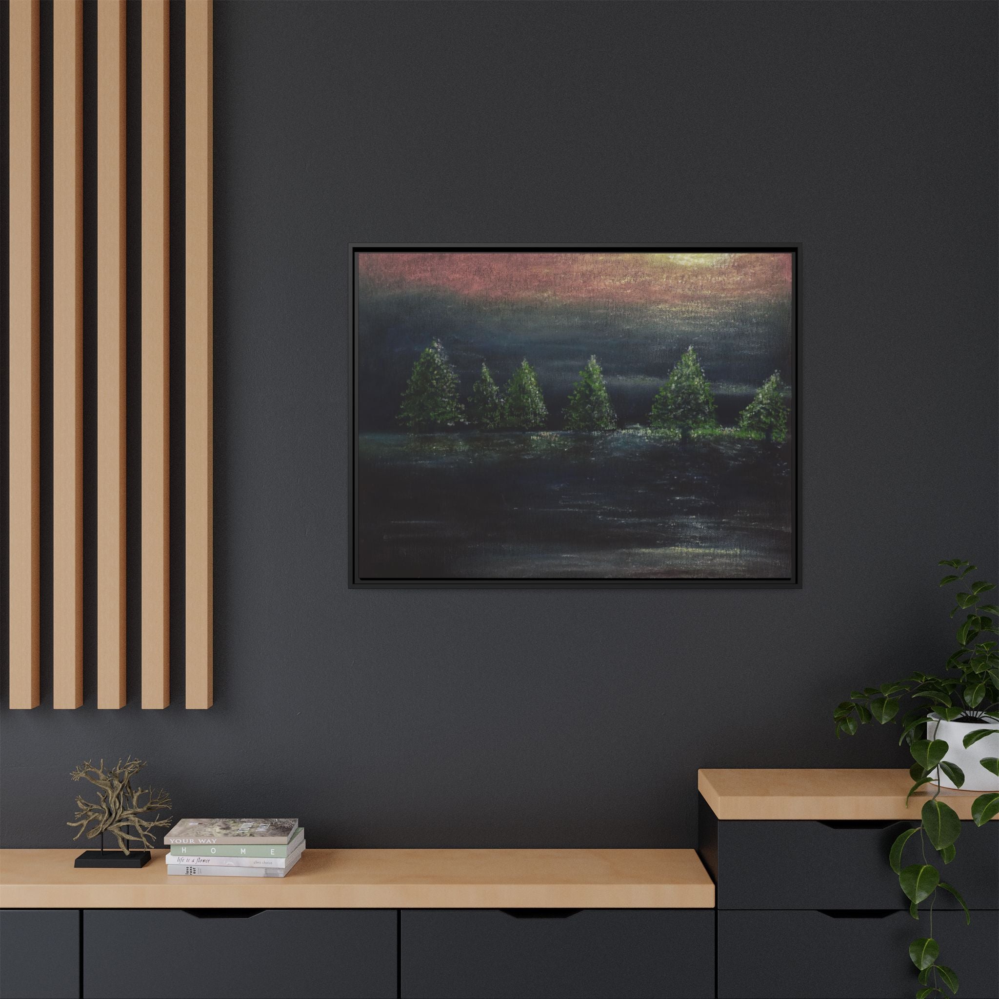 Framed Matte Canvas Wall Art — Moonlit Pine Trees Landscape