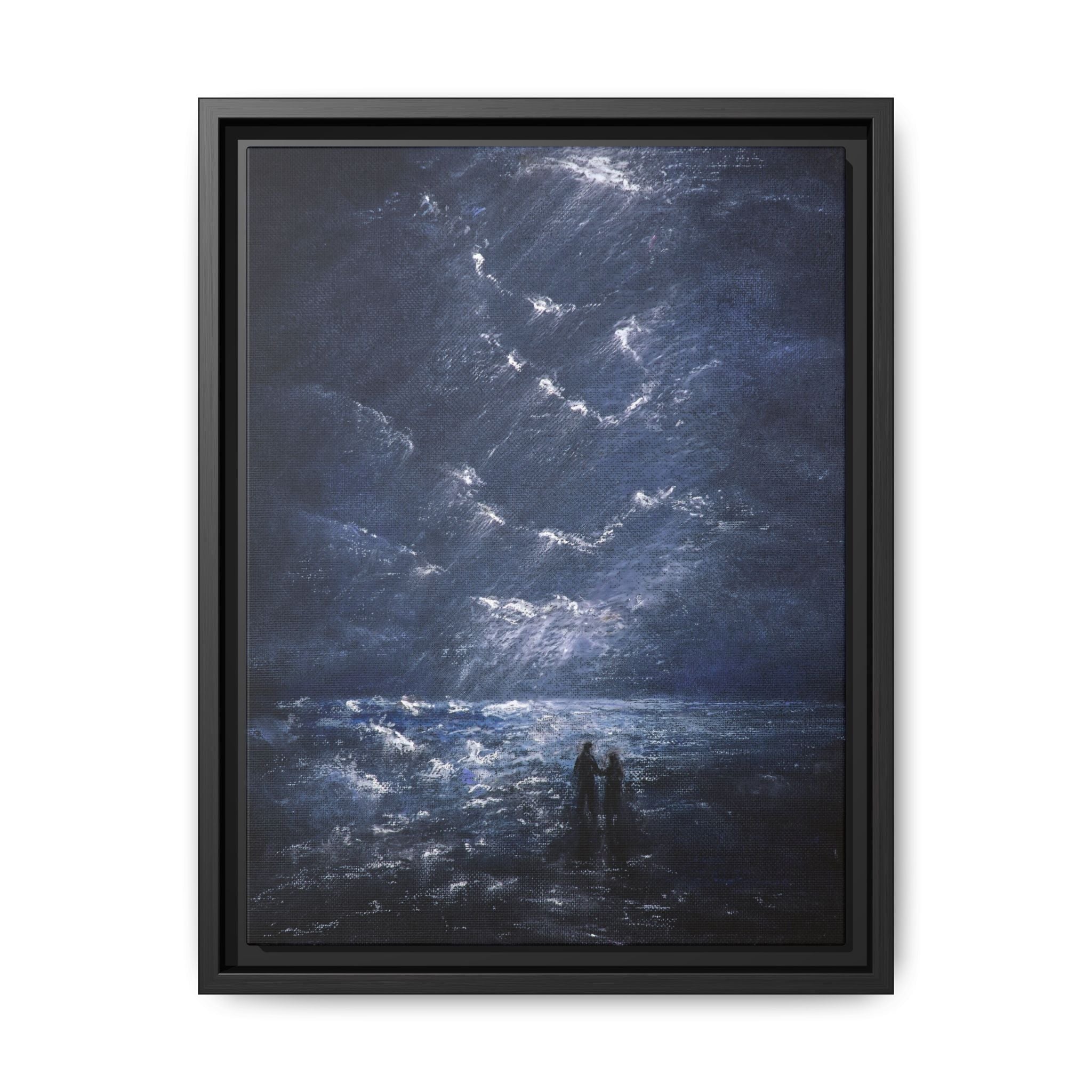 Couple on Shore at Night - Framed Canvas Art