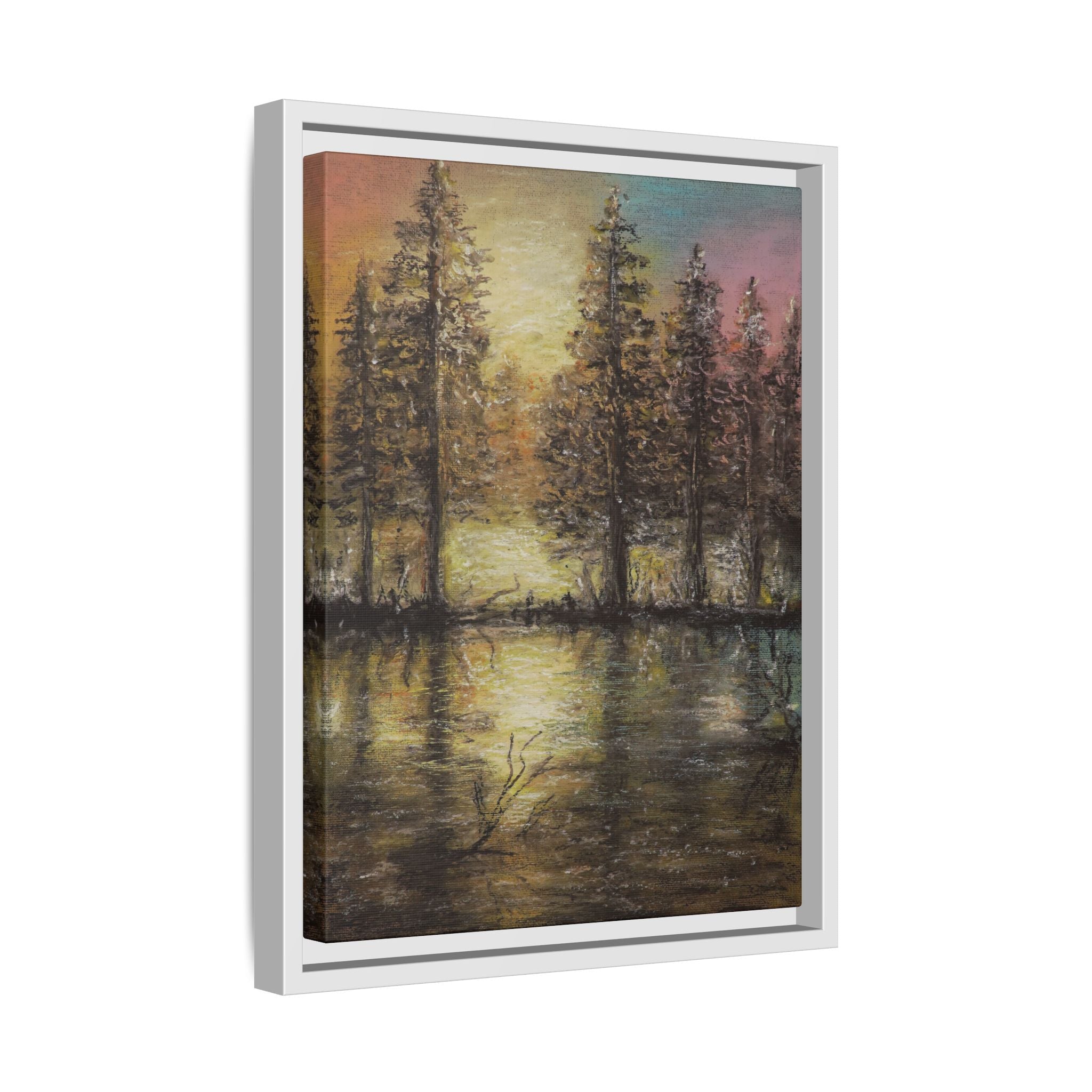 Framed Matte Canvas Wall Art — Sunset Forest Reflection
