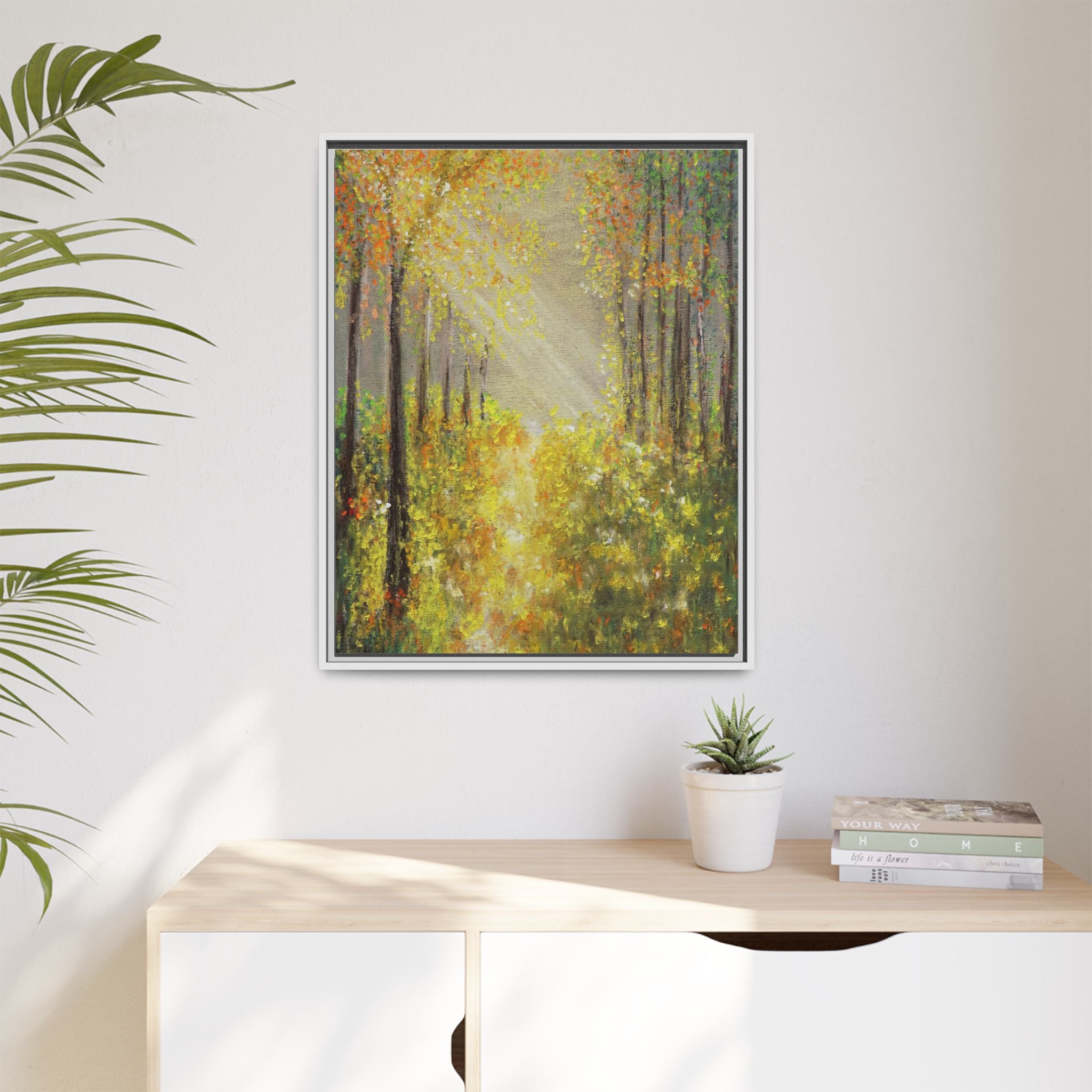 Sunlit Forest Path Framed Canvas Art — Autumn Woodland Wall Decor