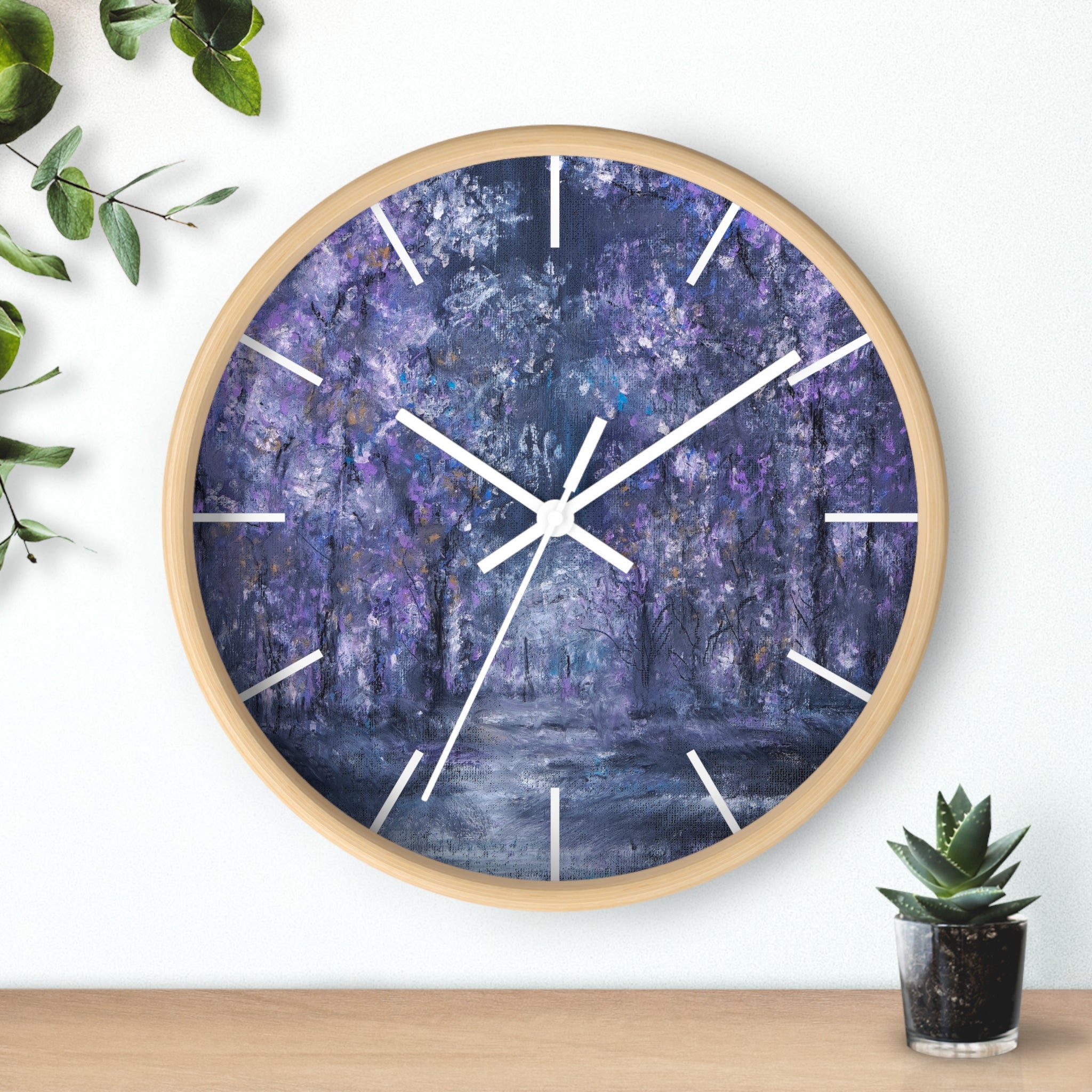 Purple Forest Wall Clock — Dreamy Lavender Tree Landscape Timepiece