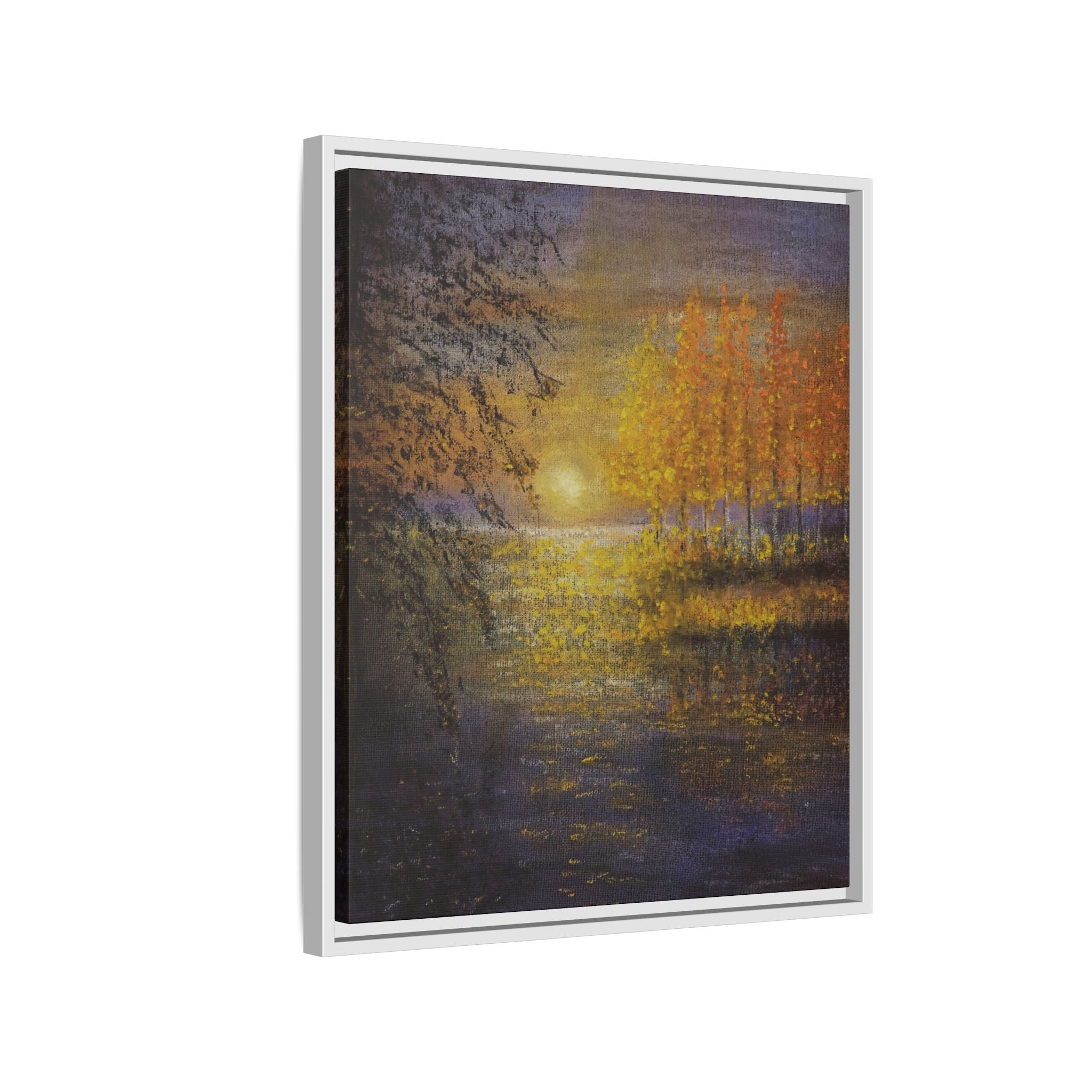 Framed Matte Canvas Painting - Golden Trees Over Tranquil Lake