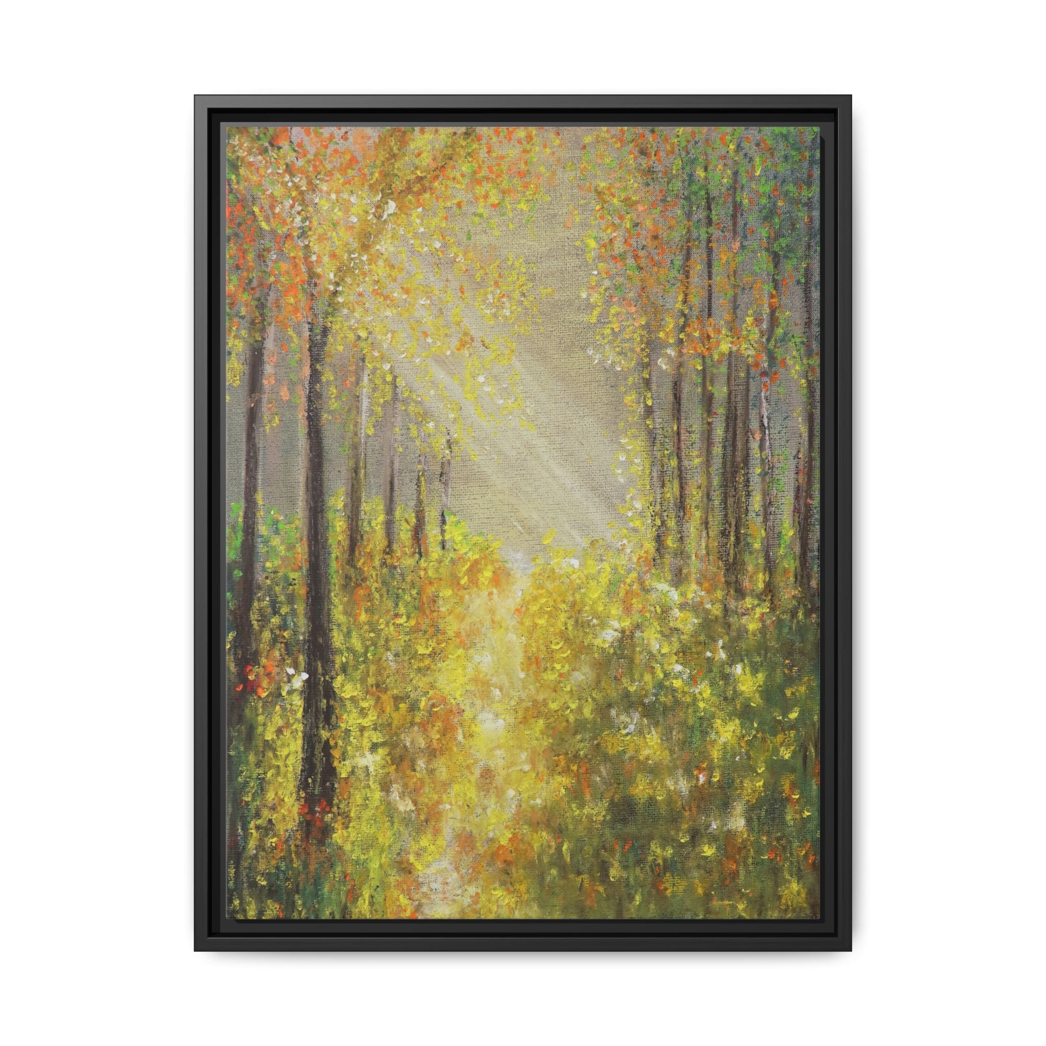 Sunlit Forest Path Framed Canvas Art — Autumn Woodland Wall Decor