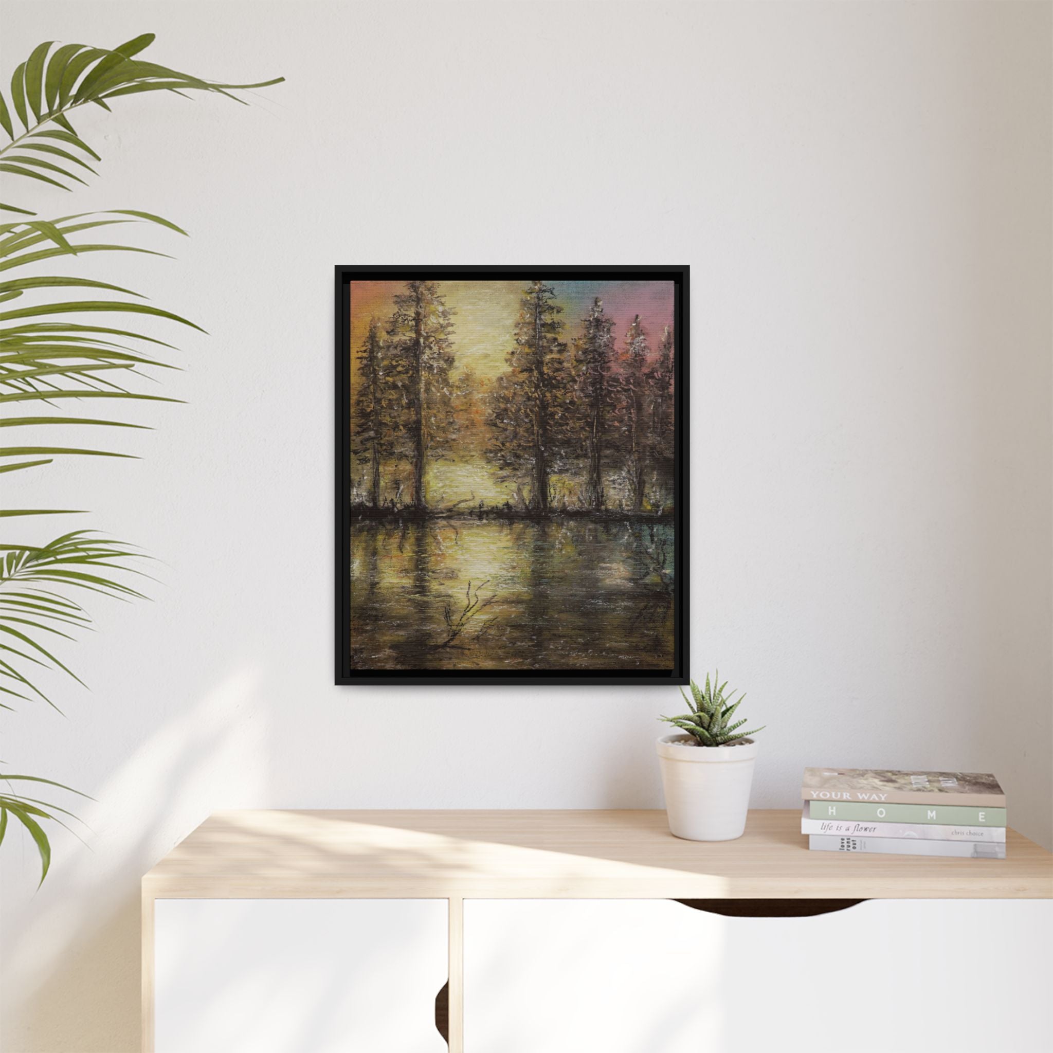 Framed Matte Canvas Wall Art — Sunset Forest Reflection