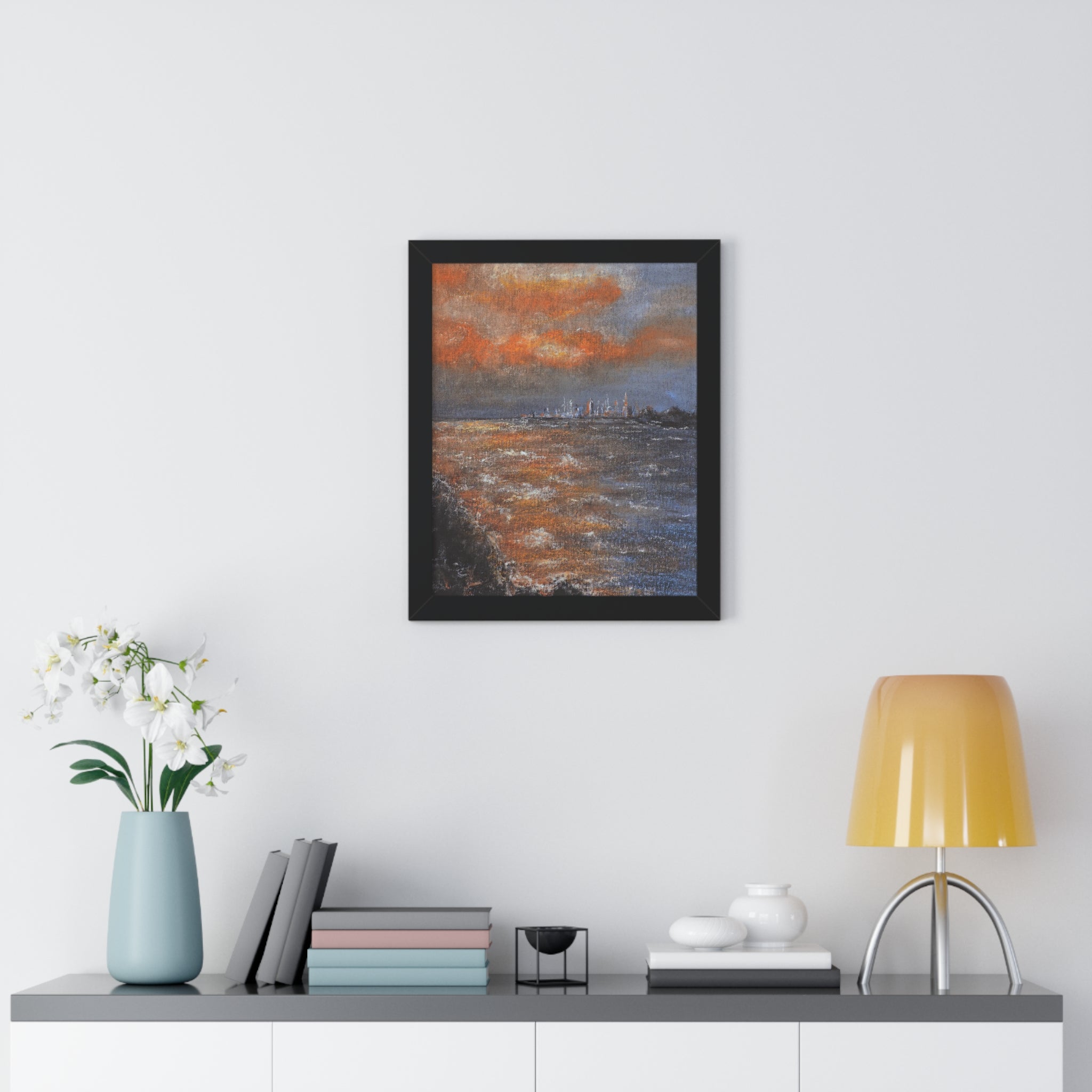 Framed Seascape Poster — Orange Sunset Coastal Art Print