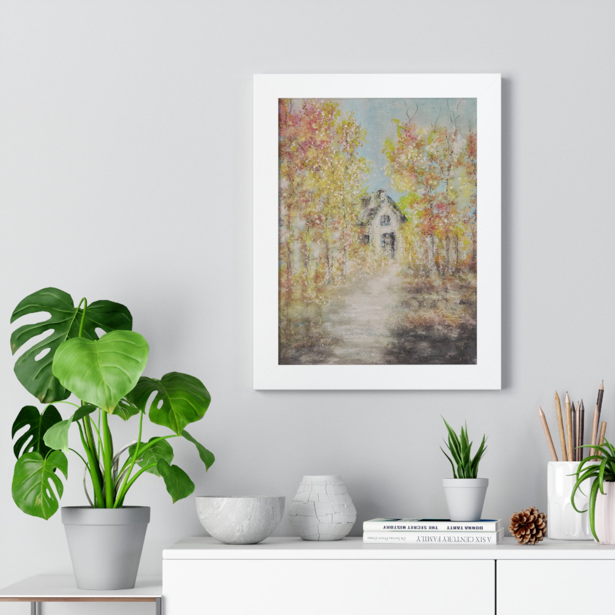Autumn Cottage Framed Poster — Serene Woodland House Wall Art