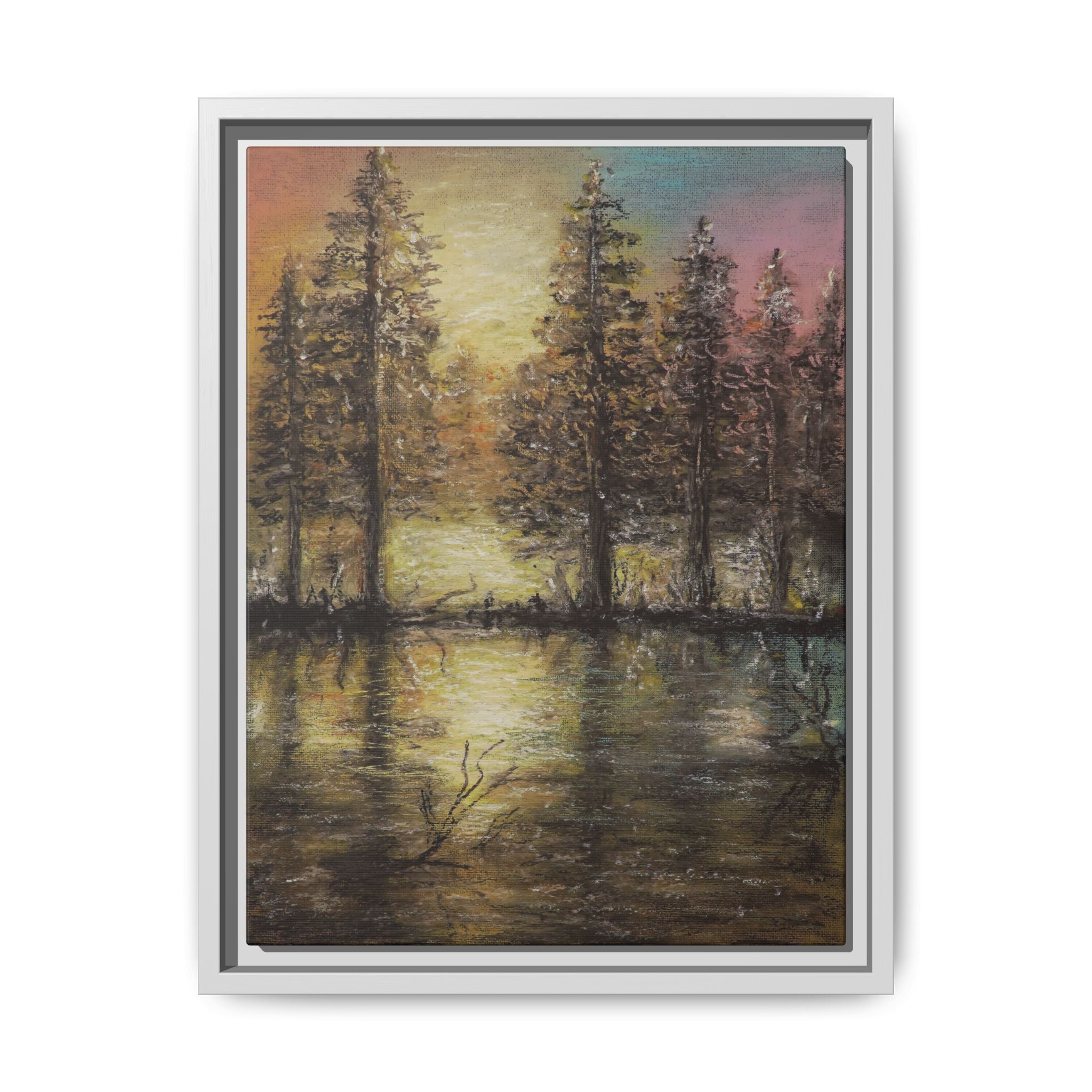 Framed Matte Canvas Wall Art — Sunset Forest Reflection