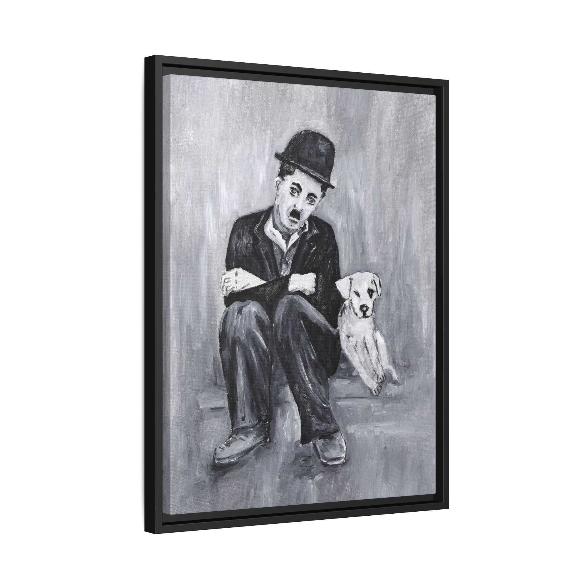 Charlie Chaplin & Dog Matte Framed Canvas Print — Vintage Black & White Wall Art